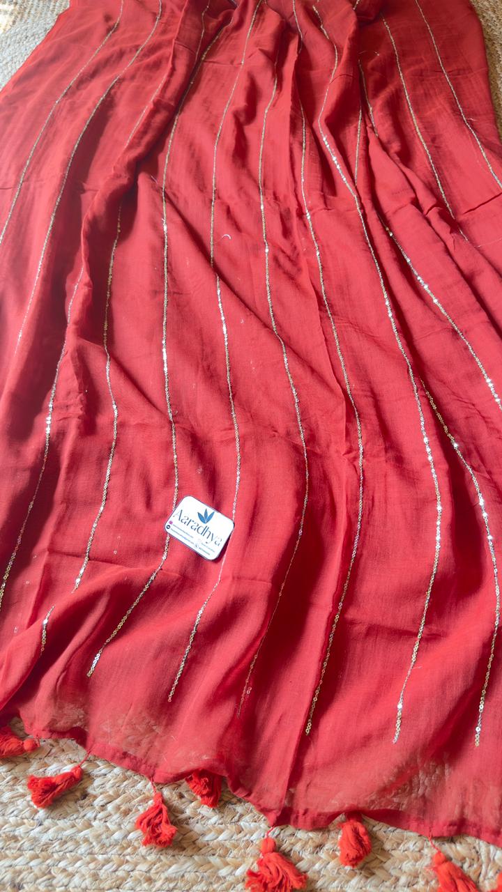 Sequence Work | Rust Orange Mul Cotton Saree