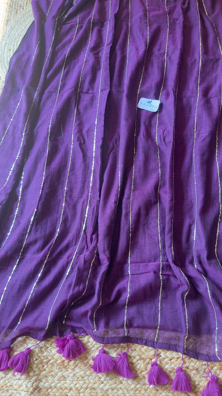 Sequence Work | Deep Purple Mul Cotton Saree