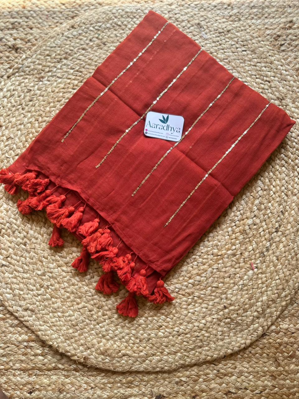 Sequence Work | Rust Orange Mul Cotton Saree