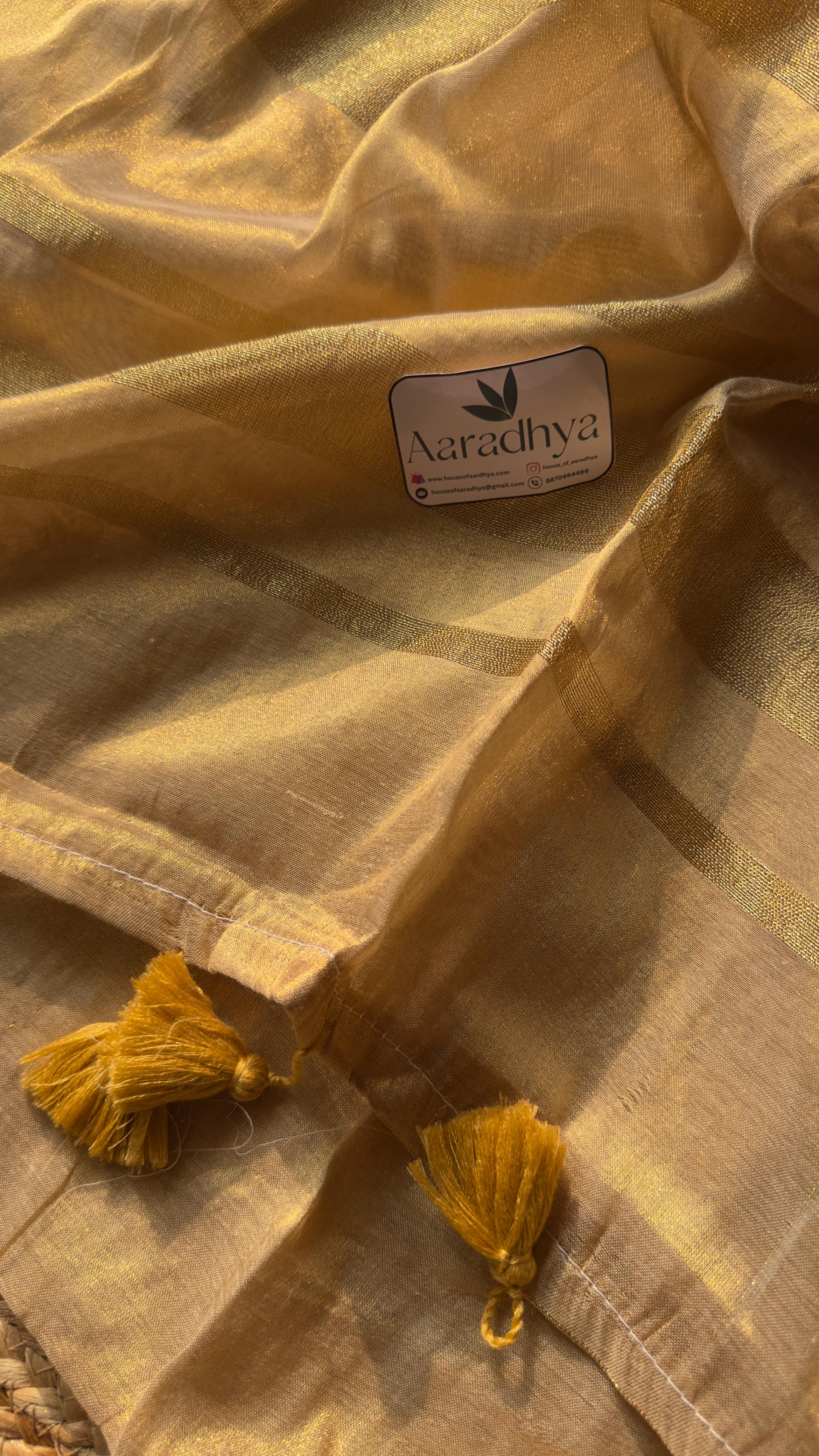 Mul Tissue Saree| Light Gold Onam Style
