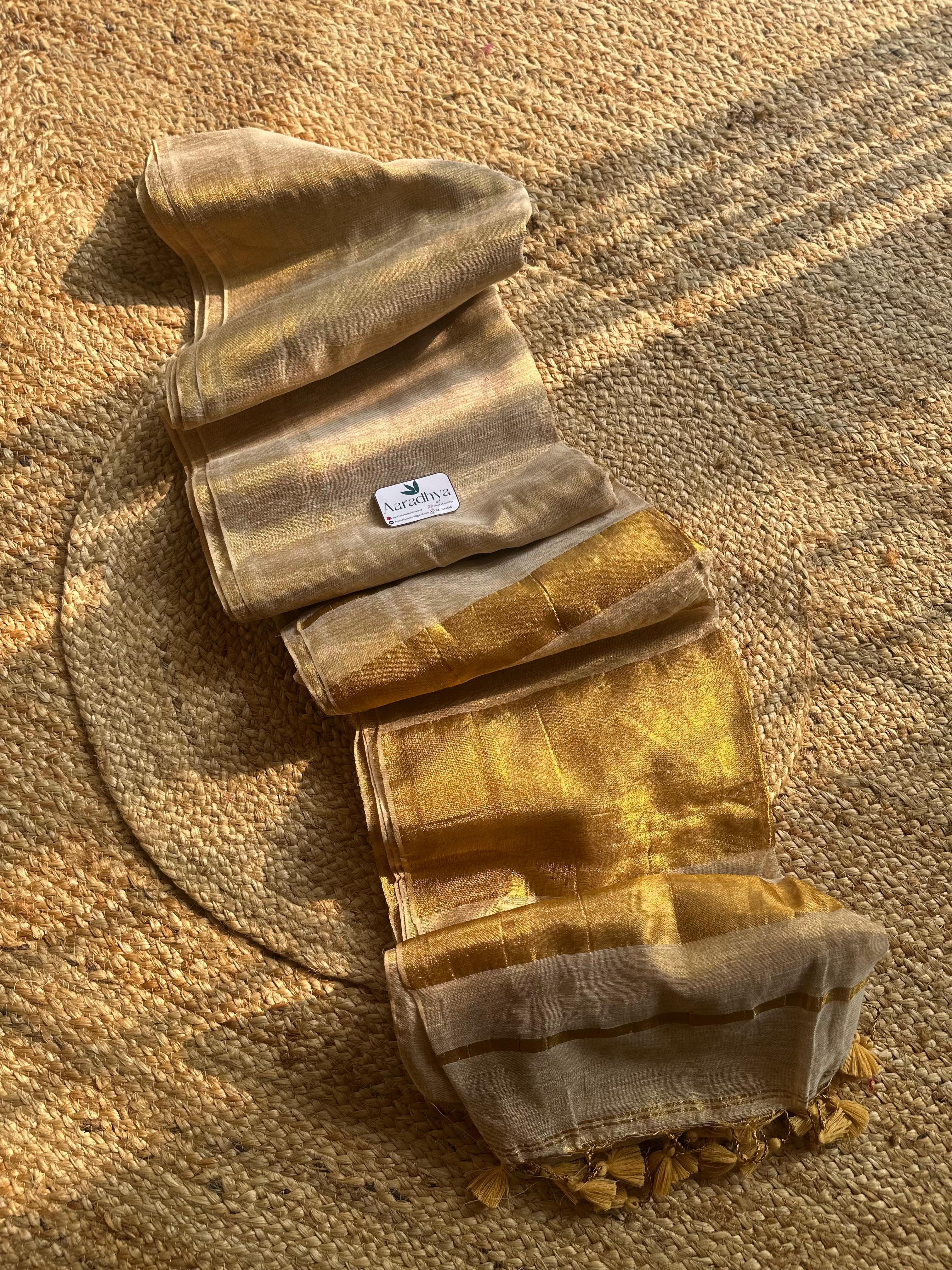 Kerala Style Gold Pallu Saree| Golden Linen Tissue Saree
