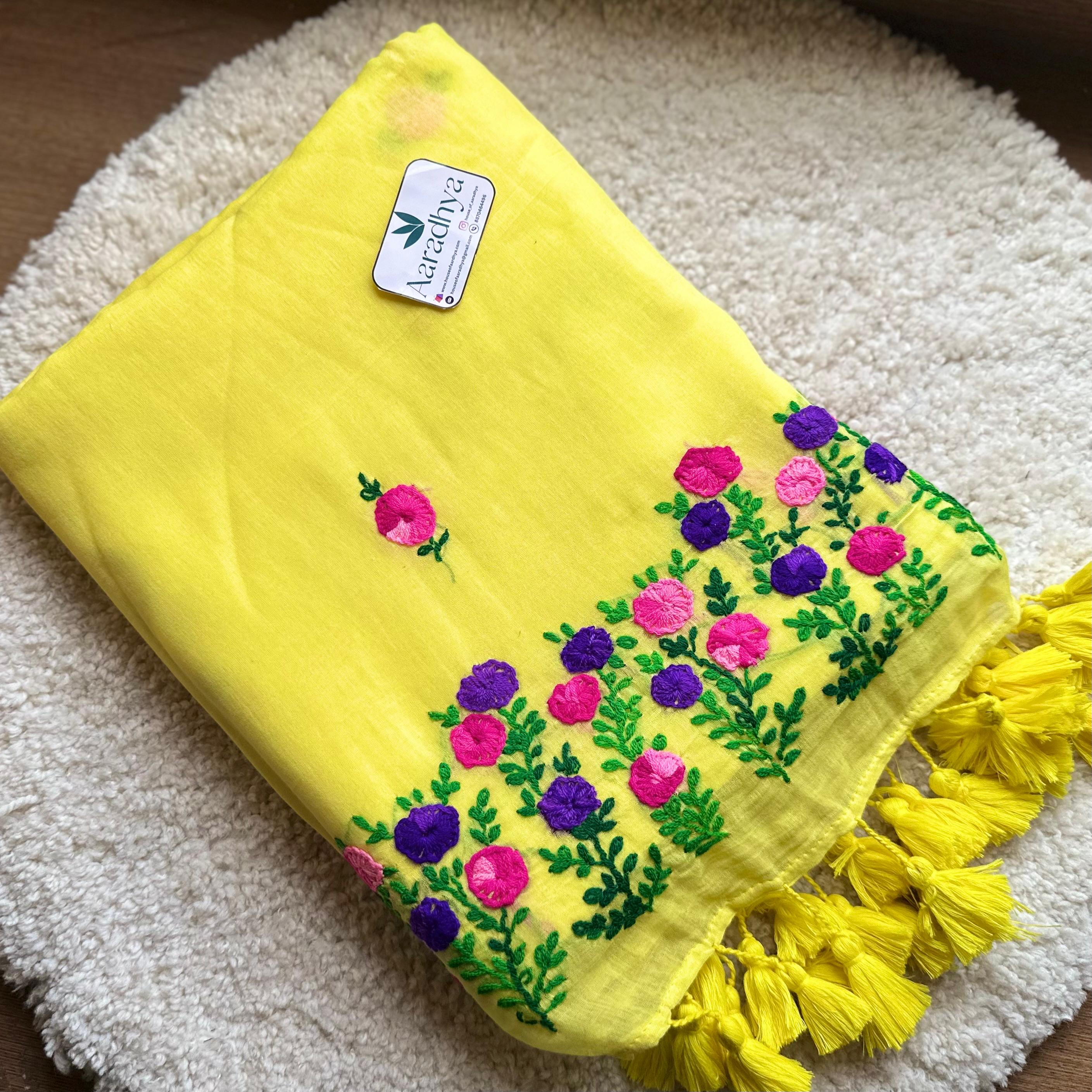 Hand Stiched Kantha Embroidery | Yellow Mul Cotton Saree