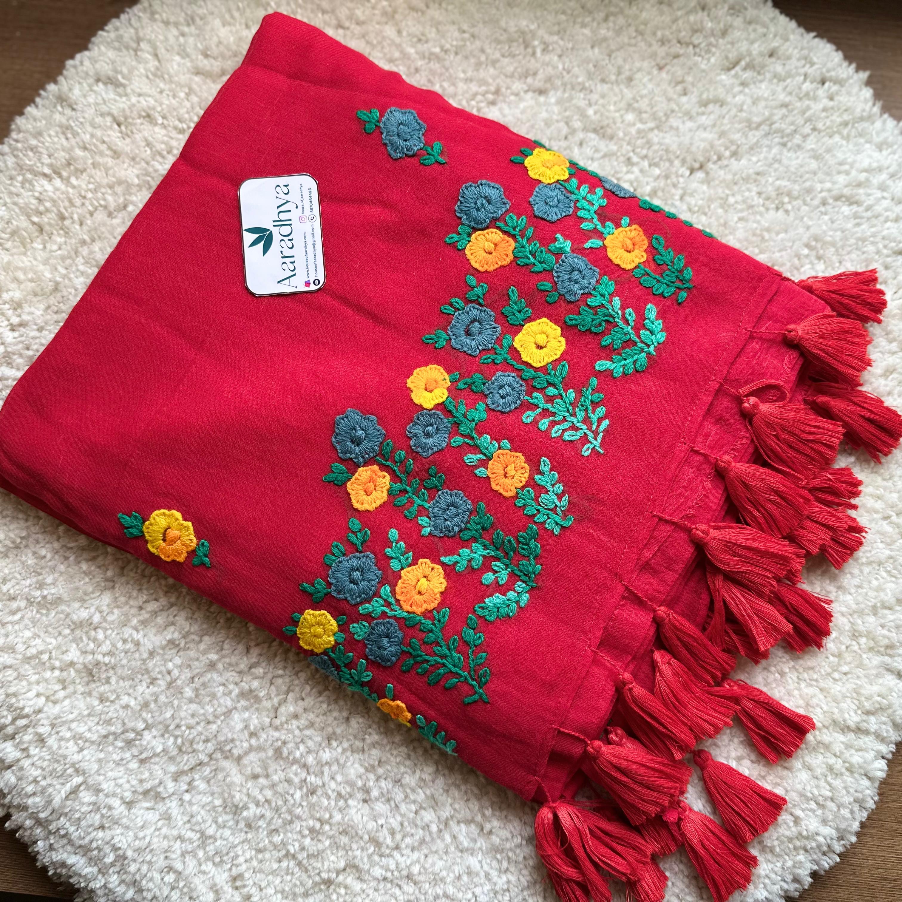 Hand Stiched Kantha Embroidery | Red Mul Cotton Saree