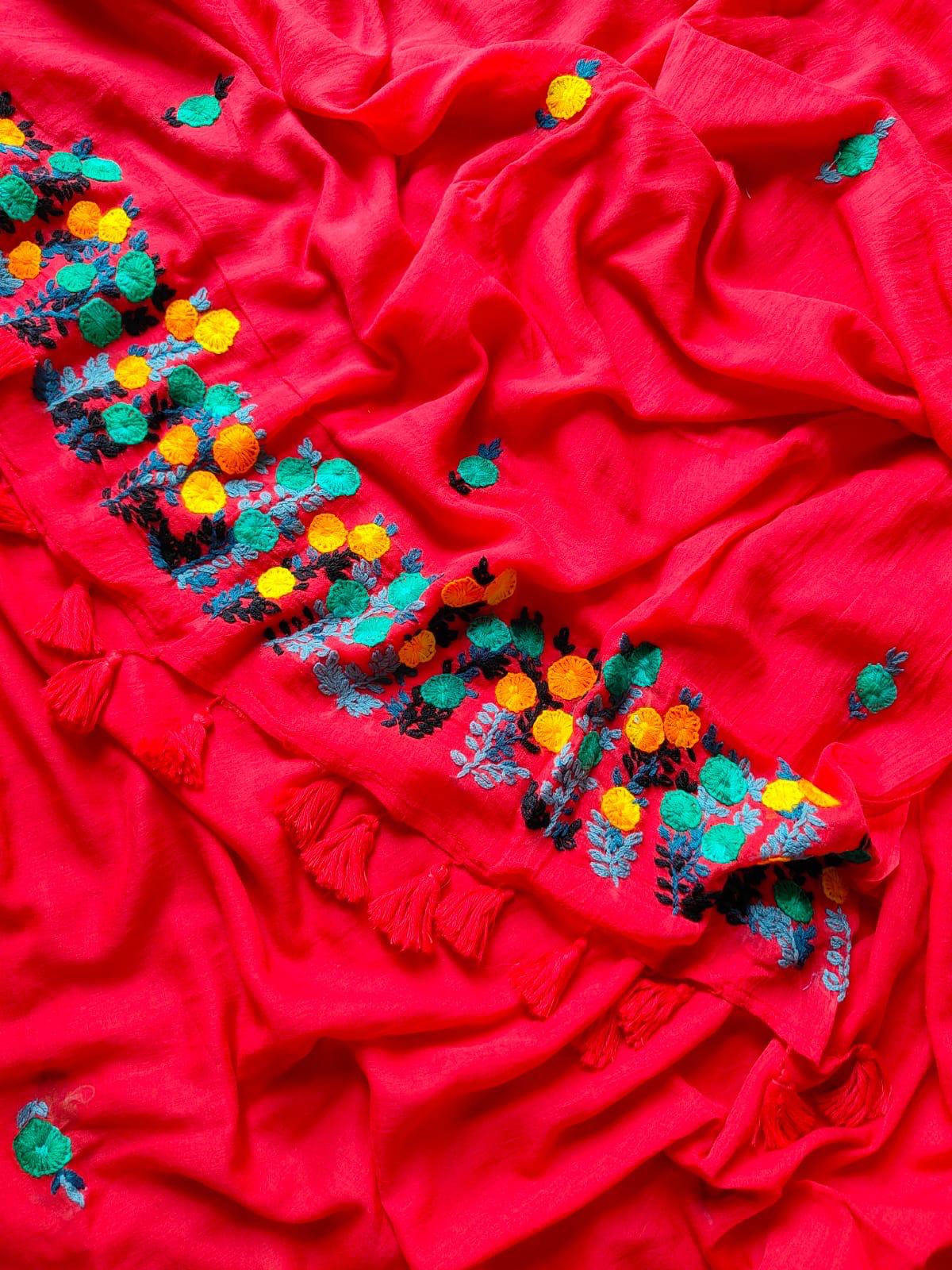 Hand Stiched Kantha Embroidery | Red Mul Cotton Saree