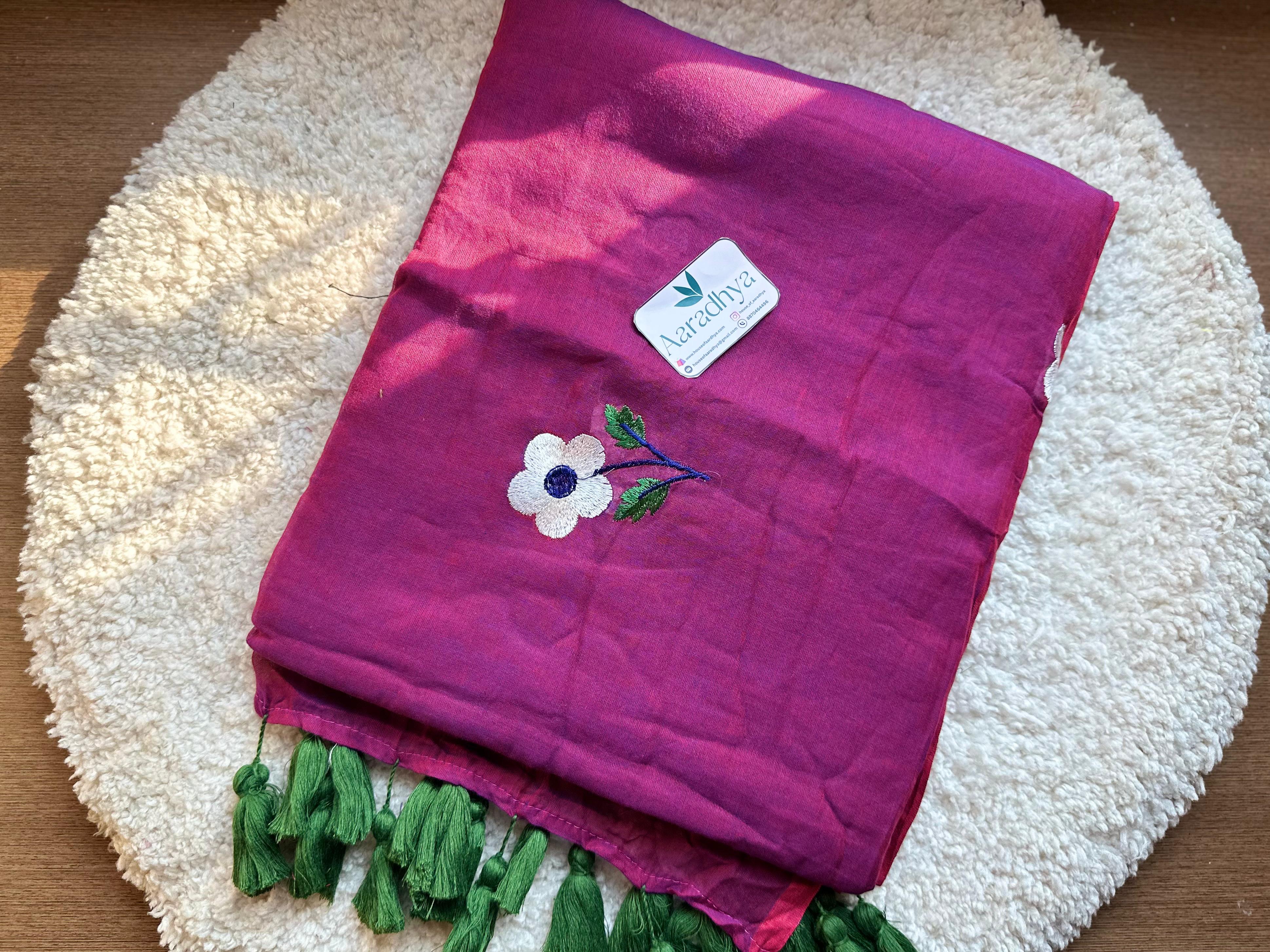 Daisy Embroidery | Egg Plant Mul Cotton Saree