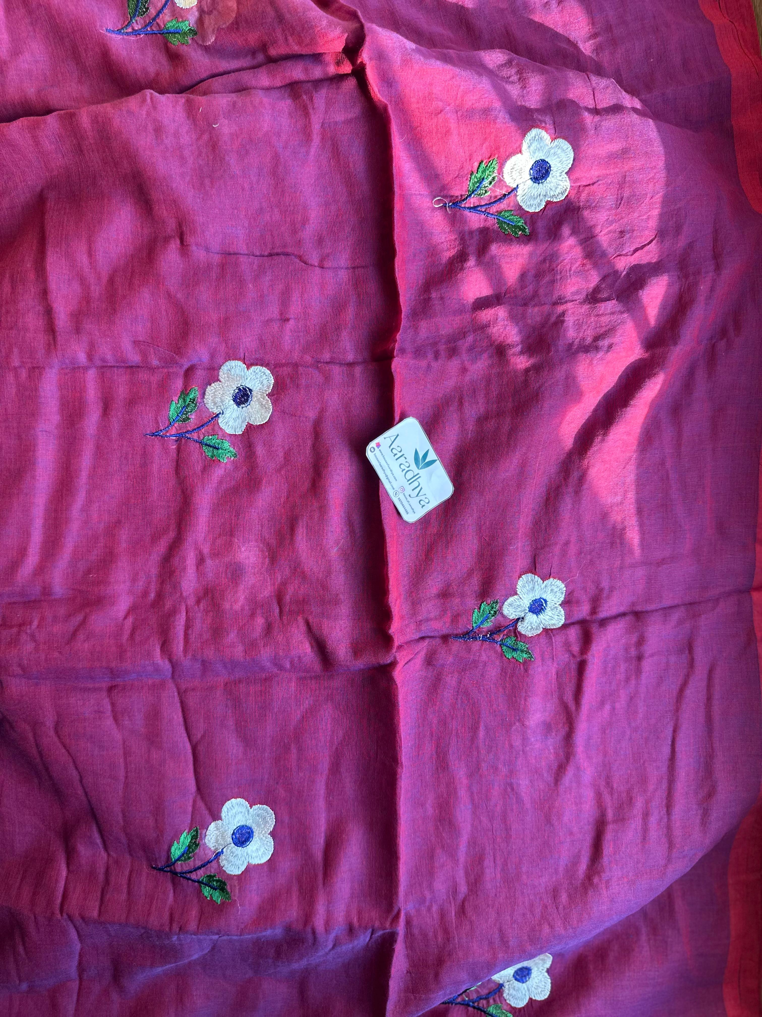 Daisy Embroidery | Egg Plant Mul Cotton Saree