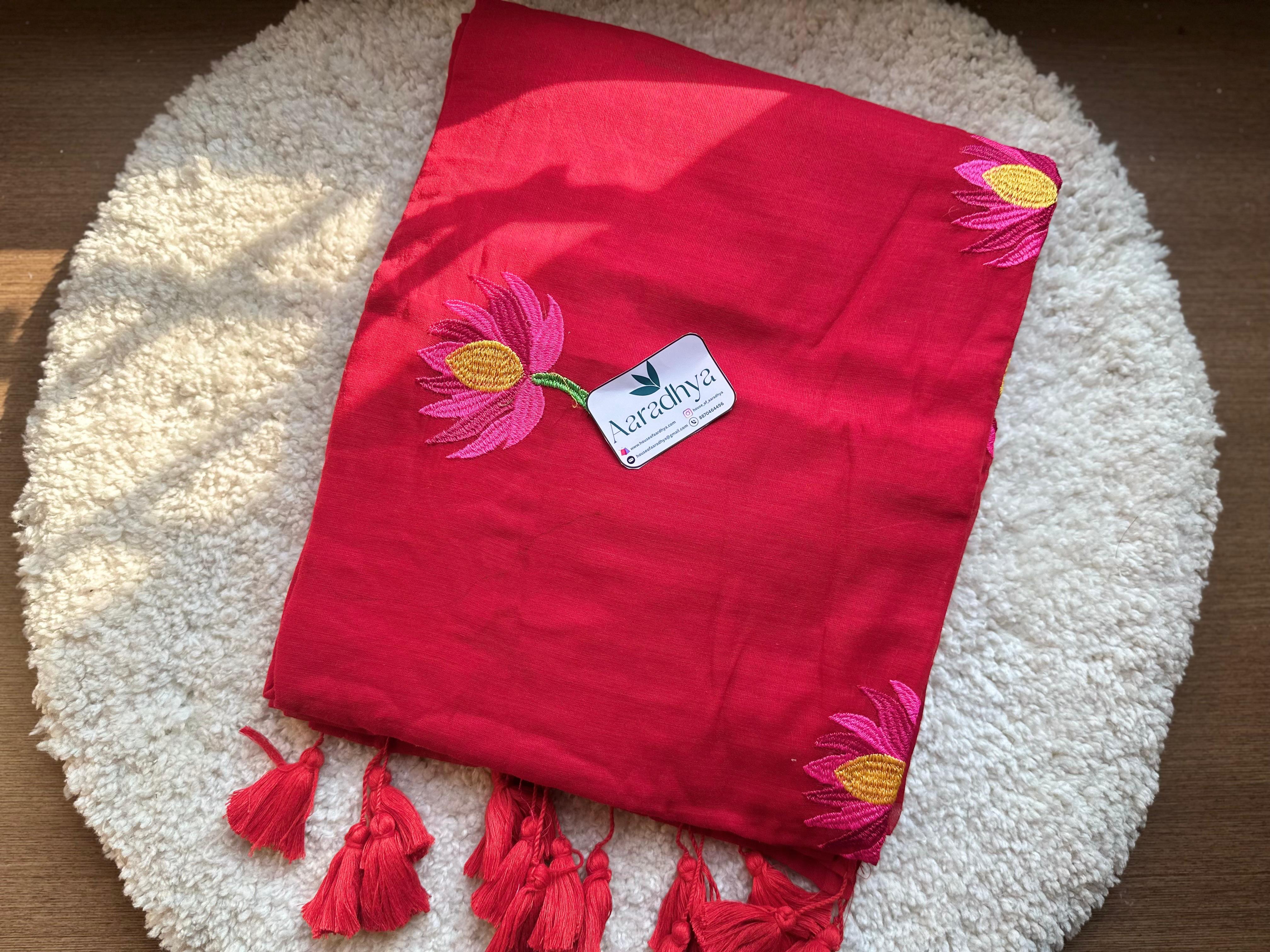 Lotus Embroidery |Red Mul Cotton Saree