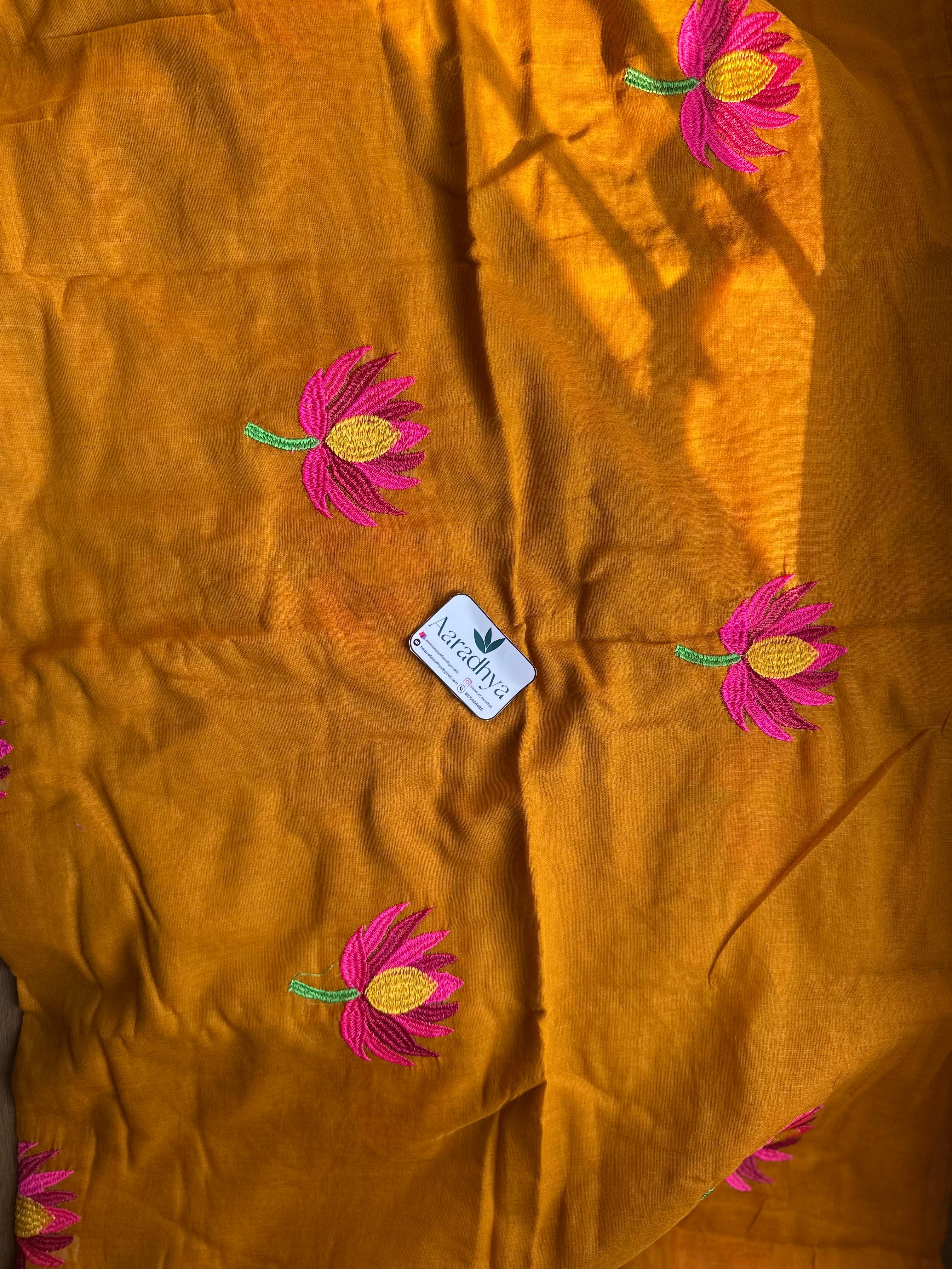 Lotus Embroidery |Mustard yellow Mul Cotton Saree