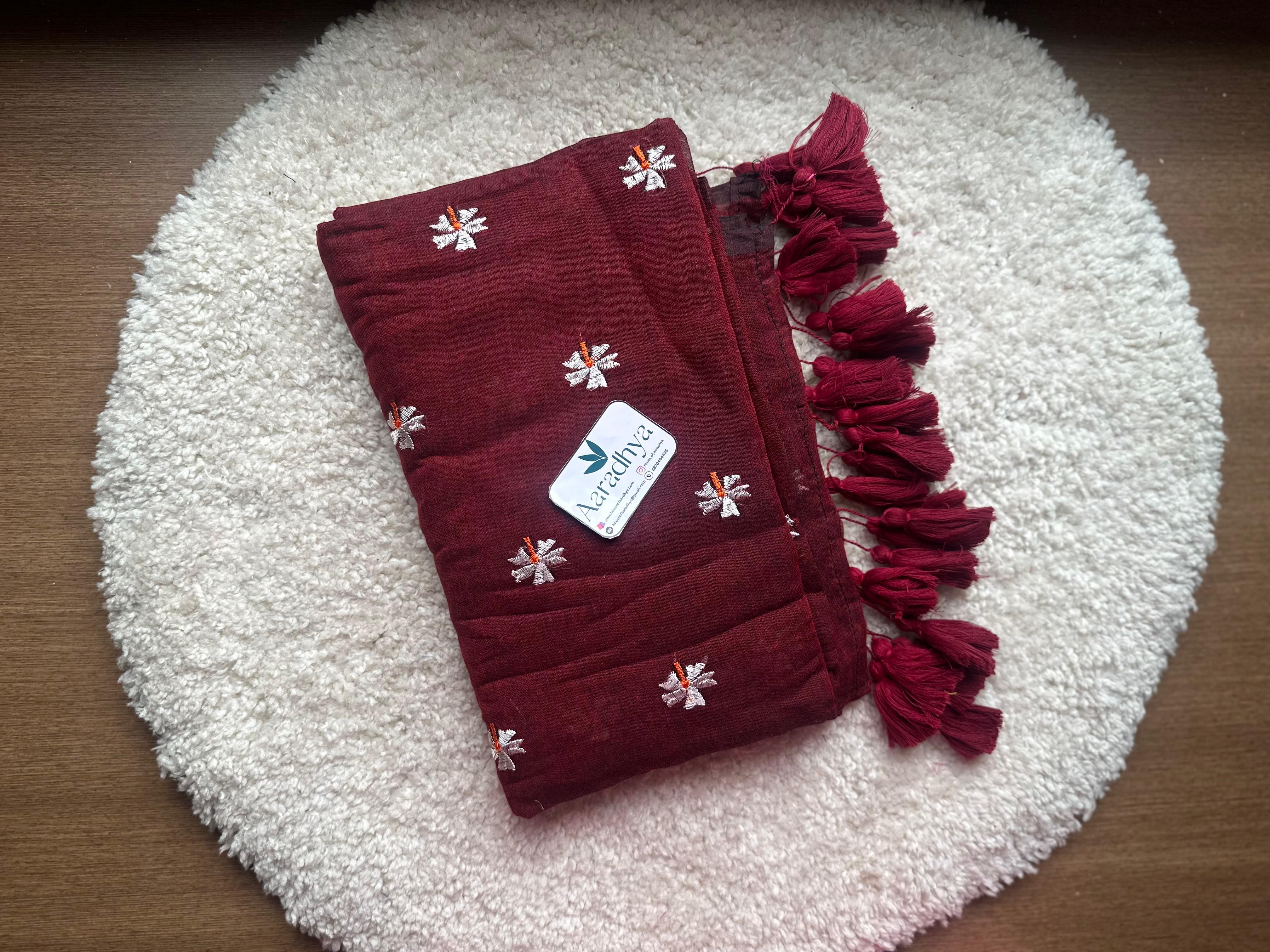 Prajakta Embroidery | Maroon Mul Cotton Saree