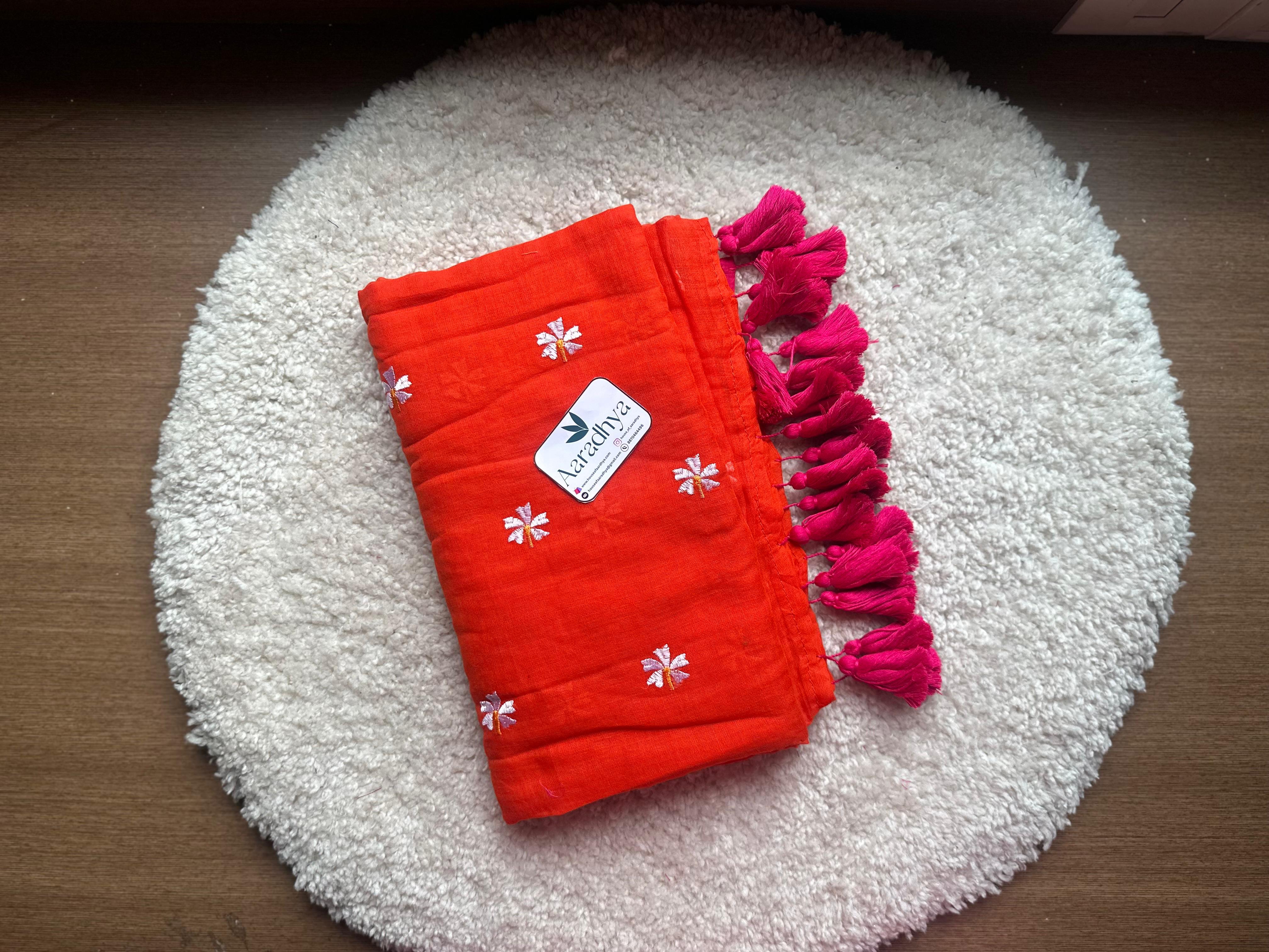 Prajakta Embroidery | Orange with Pink Mul Cotton Saree
