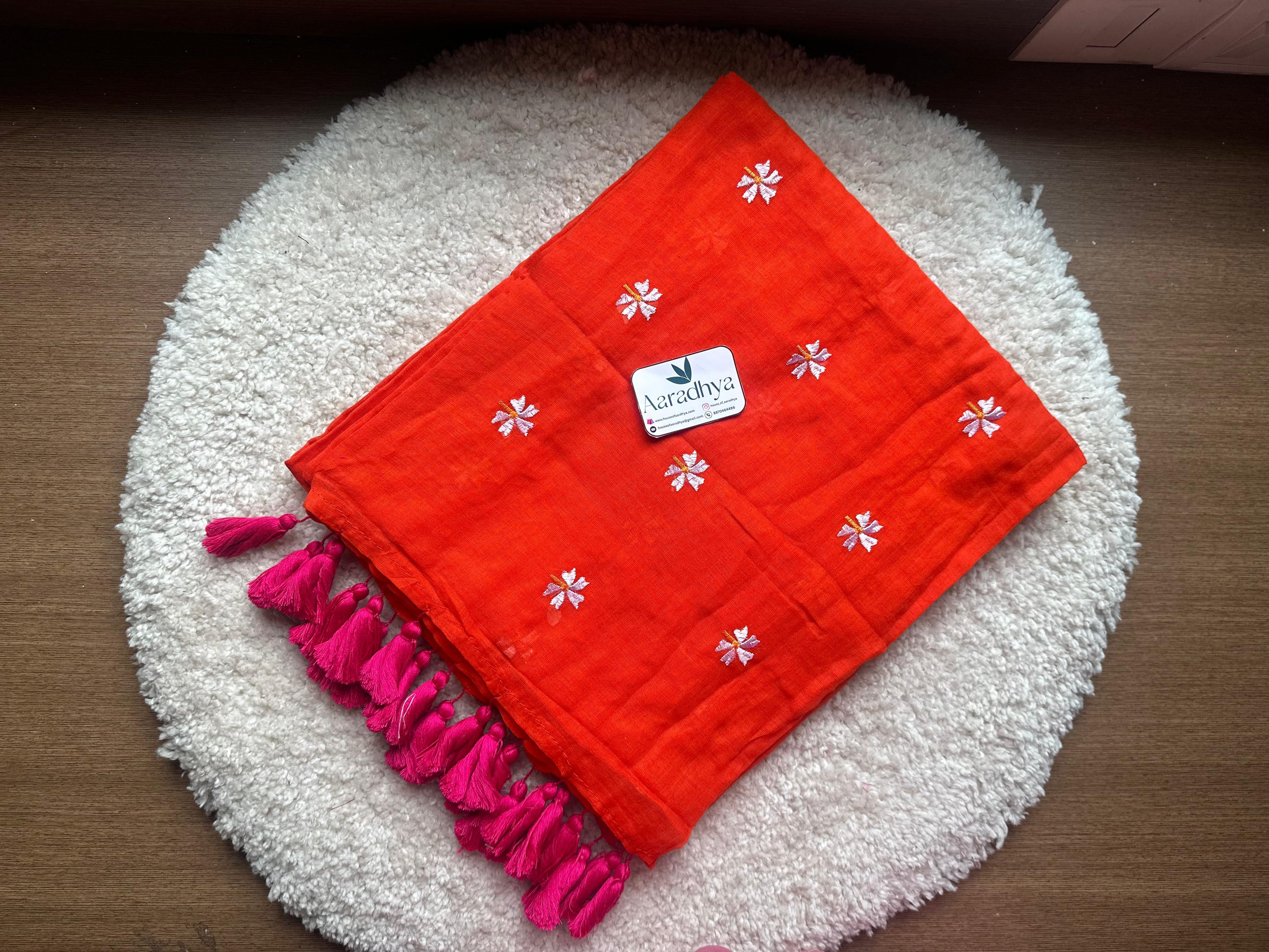 Prajakta Embroidery | Orange with Pink Mul Cotton Saree