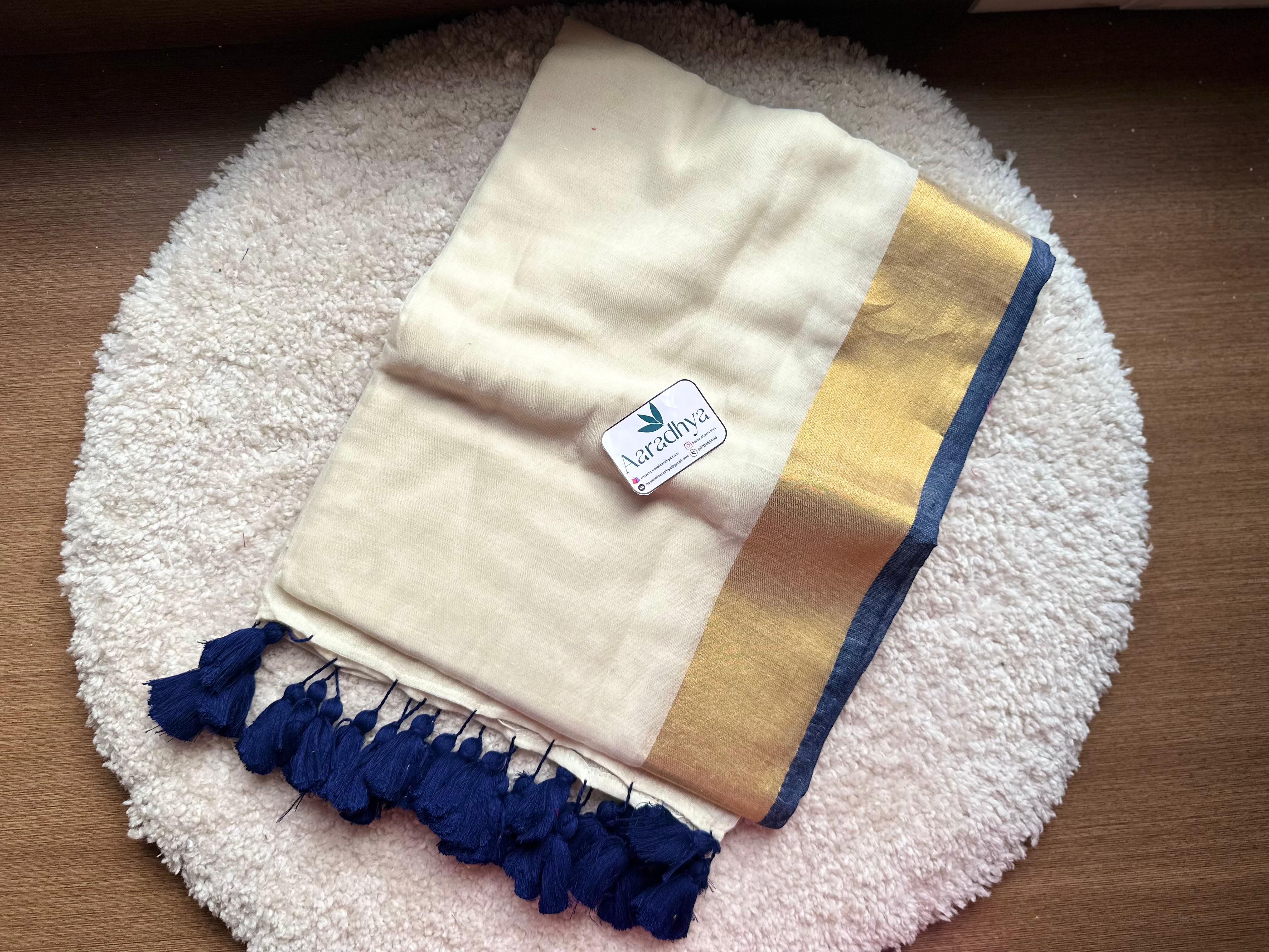 Kerala kasavu saree | Blue Border Mul Cotton Saree