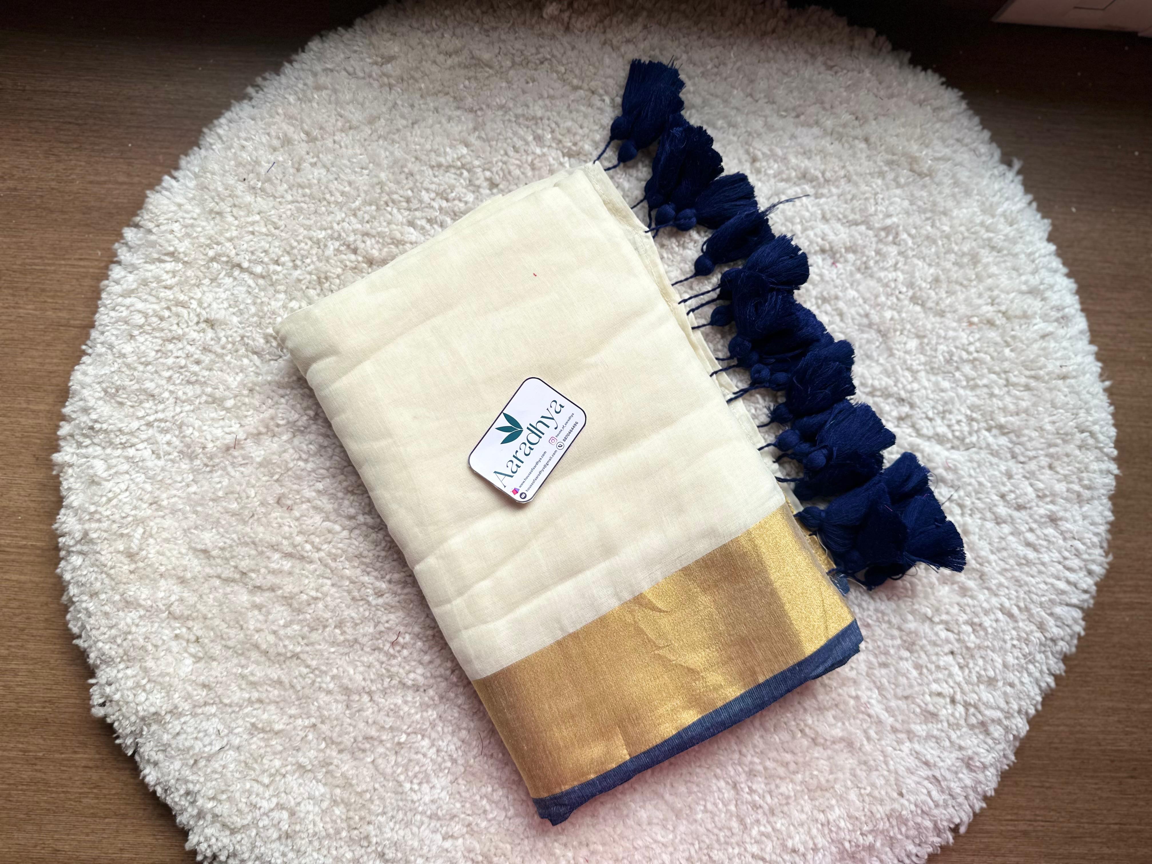 Kerala kasavu saree | Blue Border Mul Cotton Saree