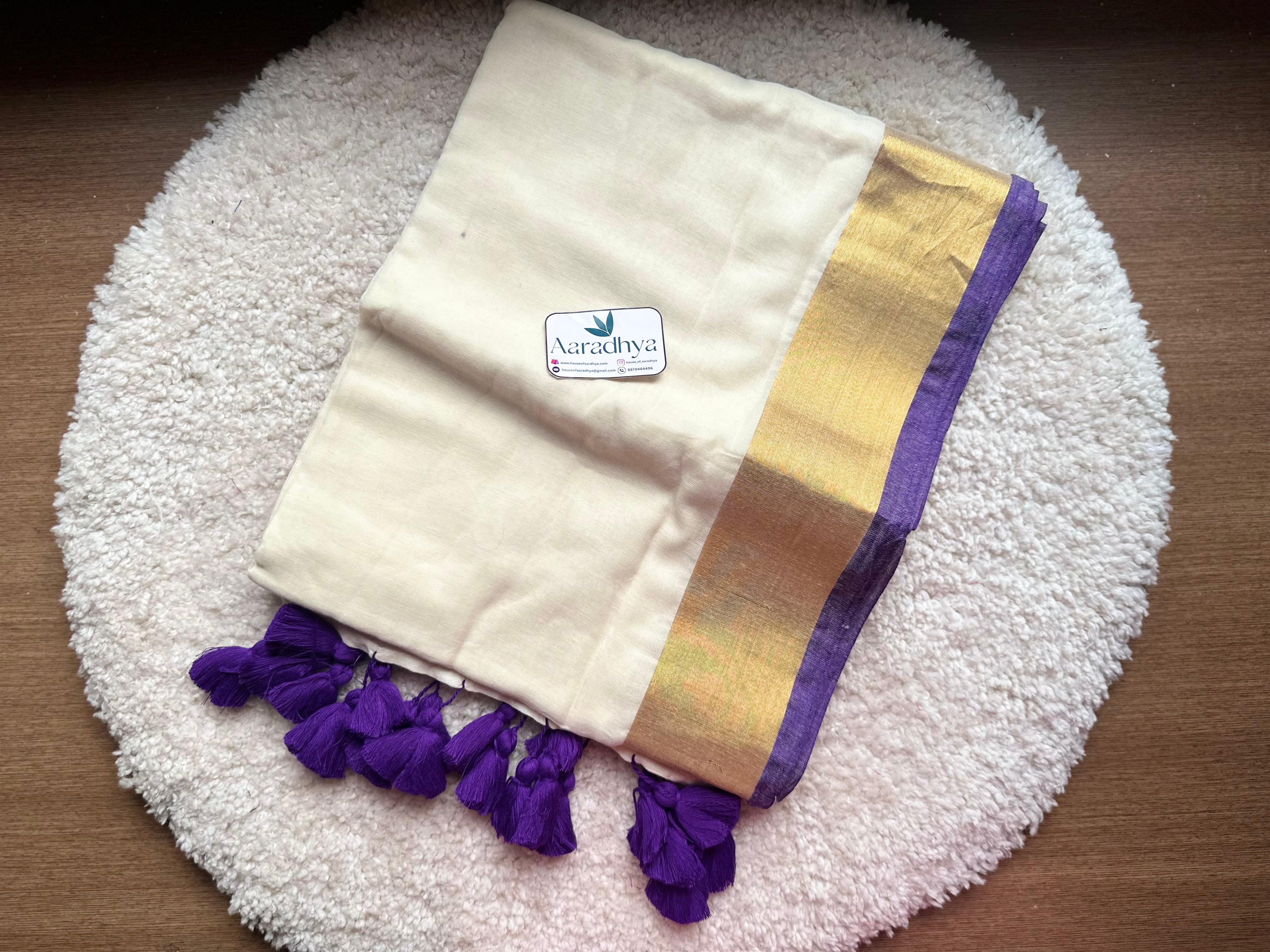 Kerala kasavu saree | Lavender Border Mul Cotton Saree