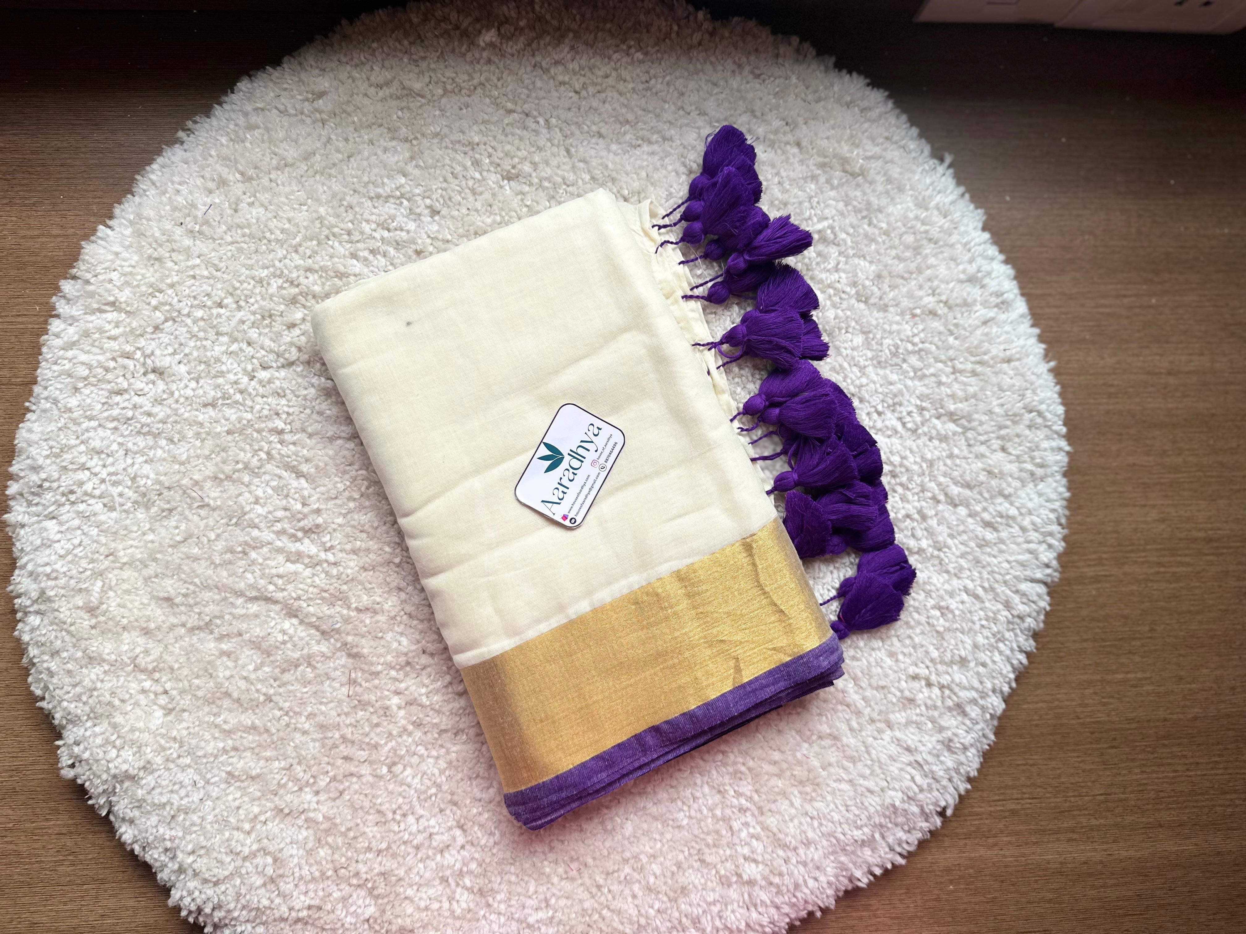 Kerala kasavu saree | Lavender Border Mul Cotton Saree