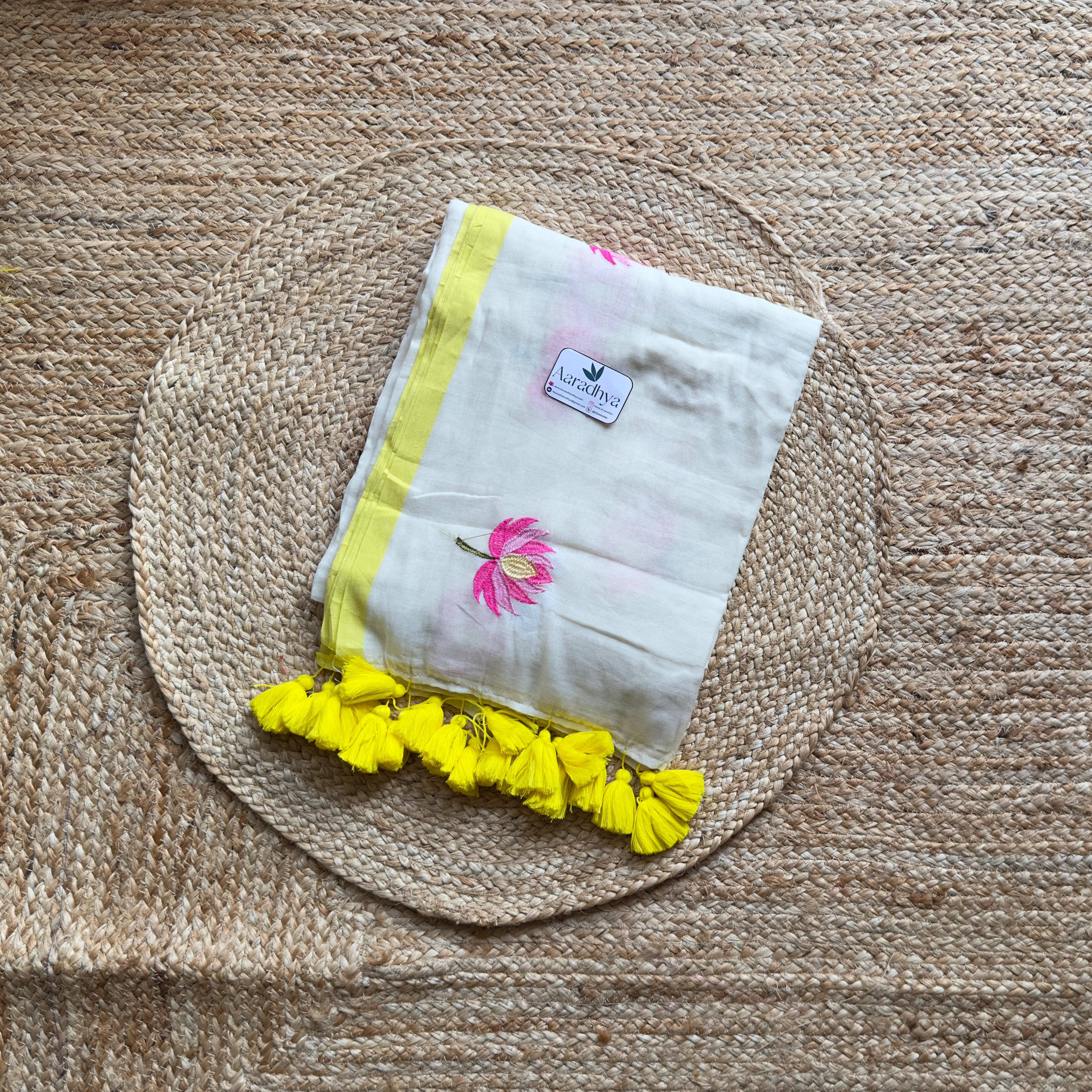 Lotus Embroidery | off white Mul Cotton Saree