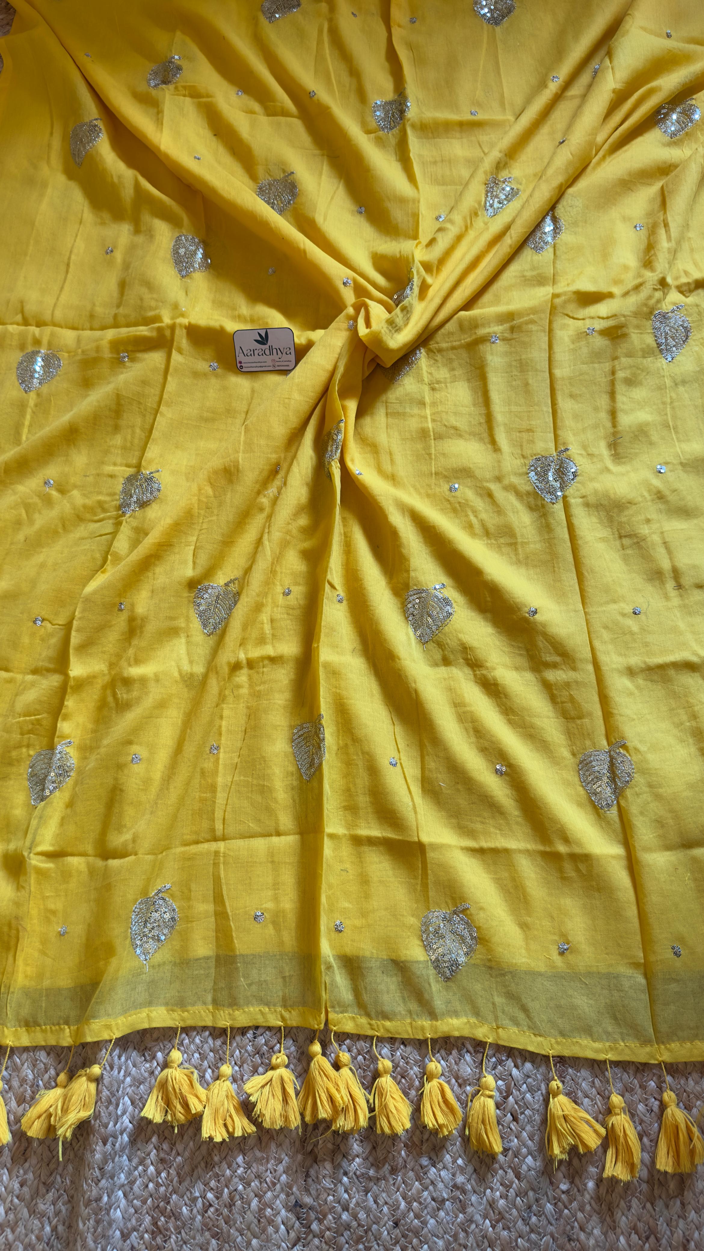 Party Wear Leaf Sequins Work | Yellow Mul Cotton Saree