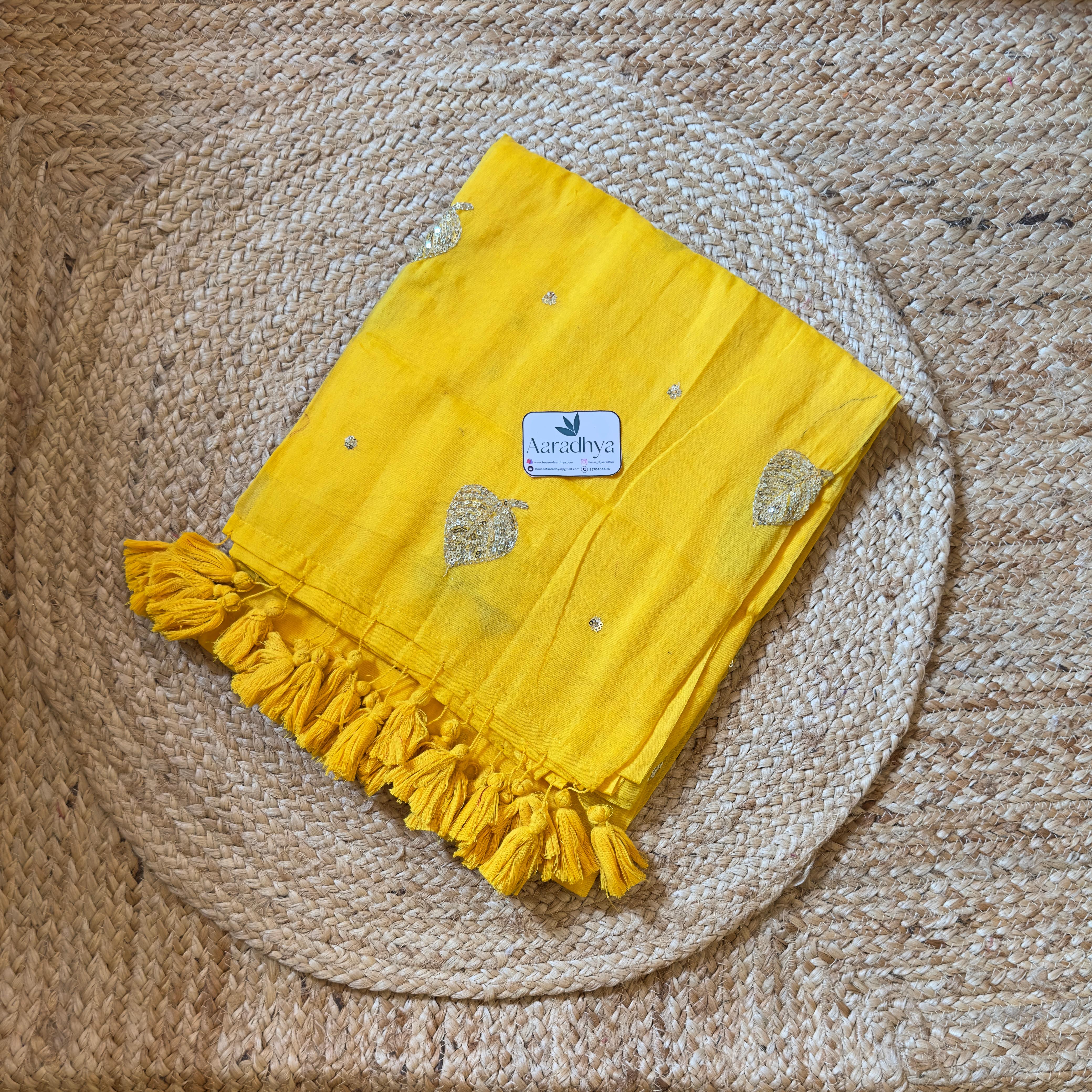 Party Wear Leaf Sequins Work | Yellow Mul Cotton Saree