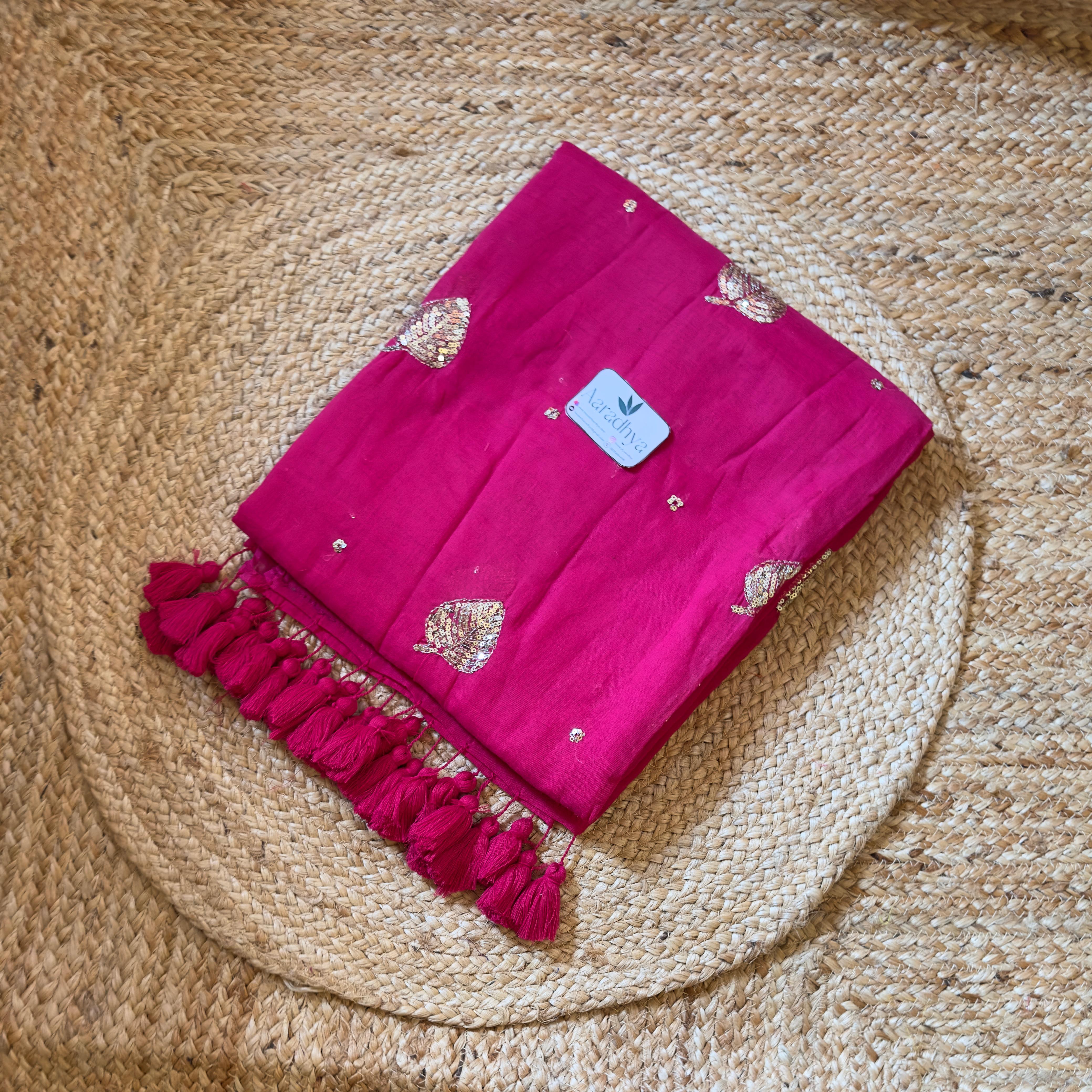 Party Wear Leaf Sequins Work | Pink Mul Cotton Saree