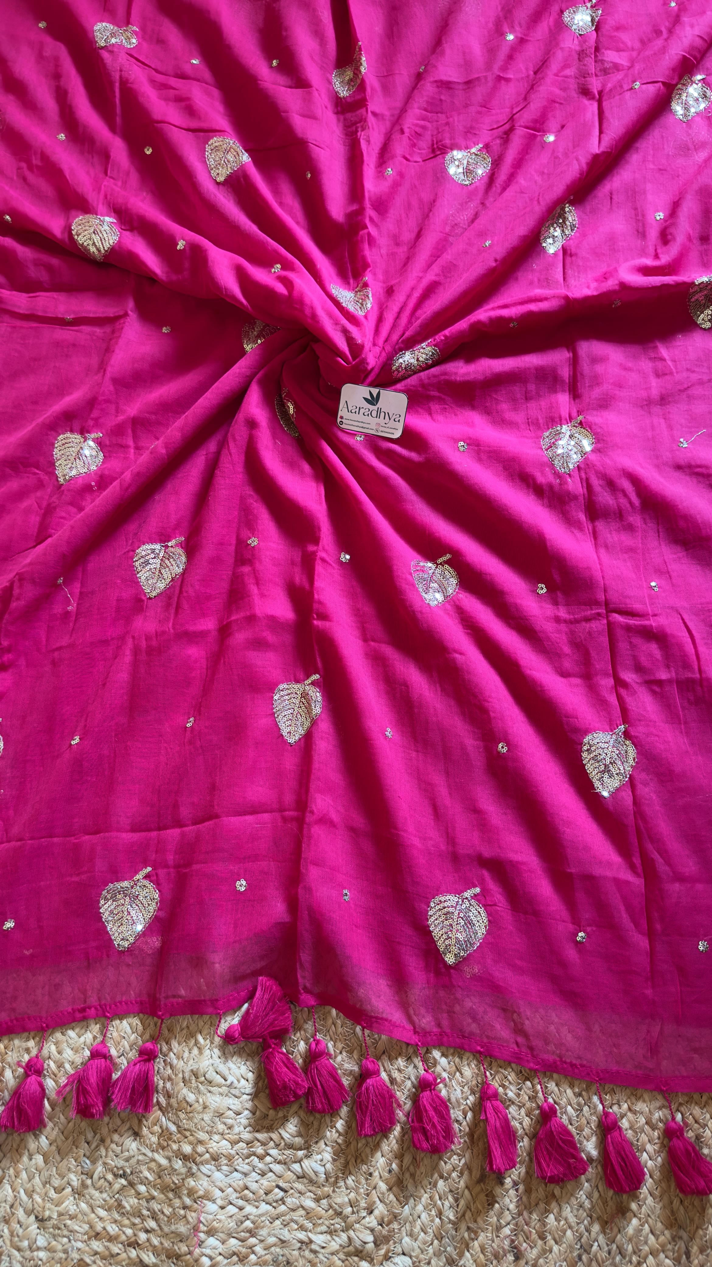 Party Wear Leaf Sequins Work | Pink Mul Cotton Saree
