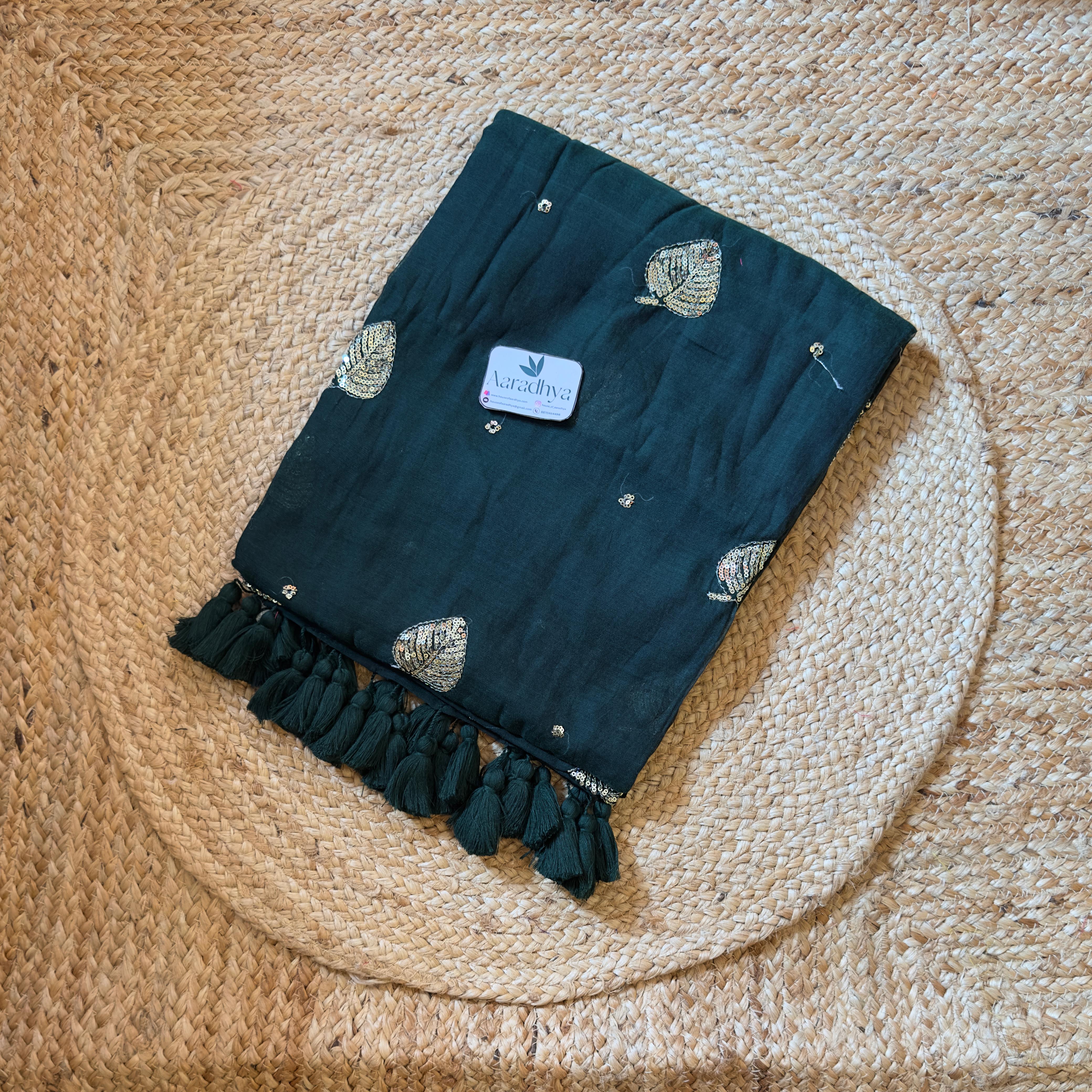 Party Wear Leaf Sequins Work | Bottle Green Mul Cotton Saree