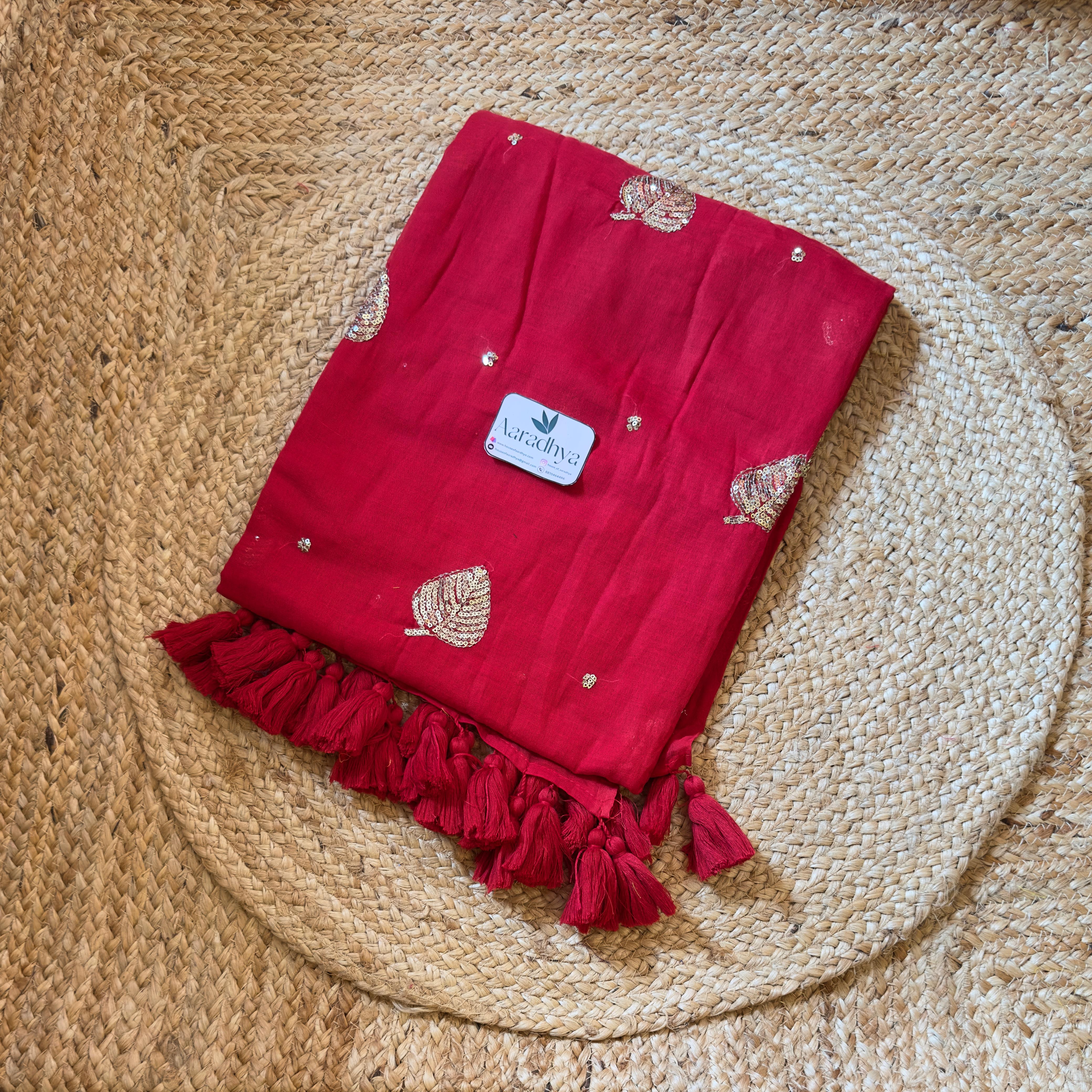 Party Wear Leaf Sequins Work | Red Mul Cotton Saree