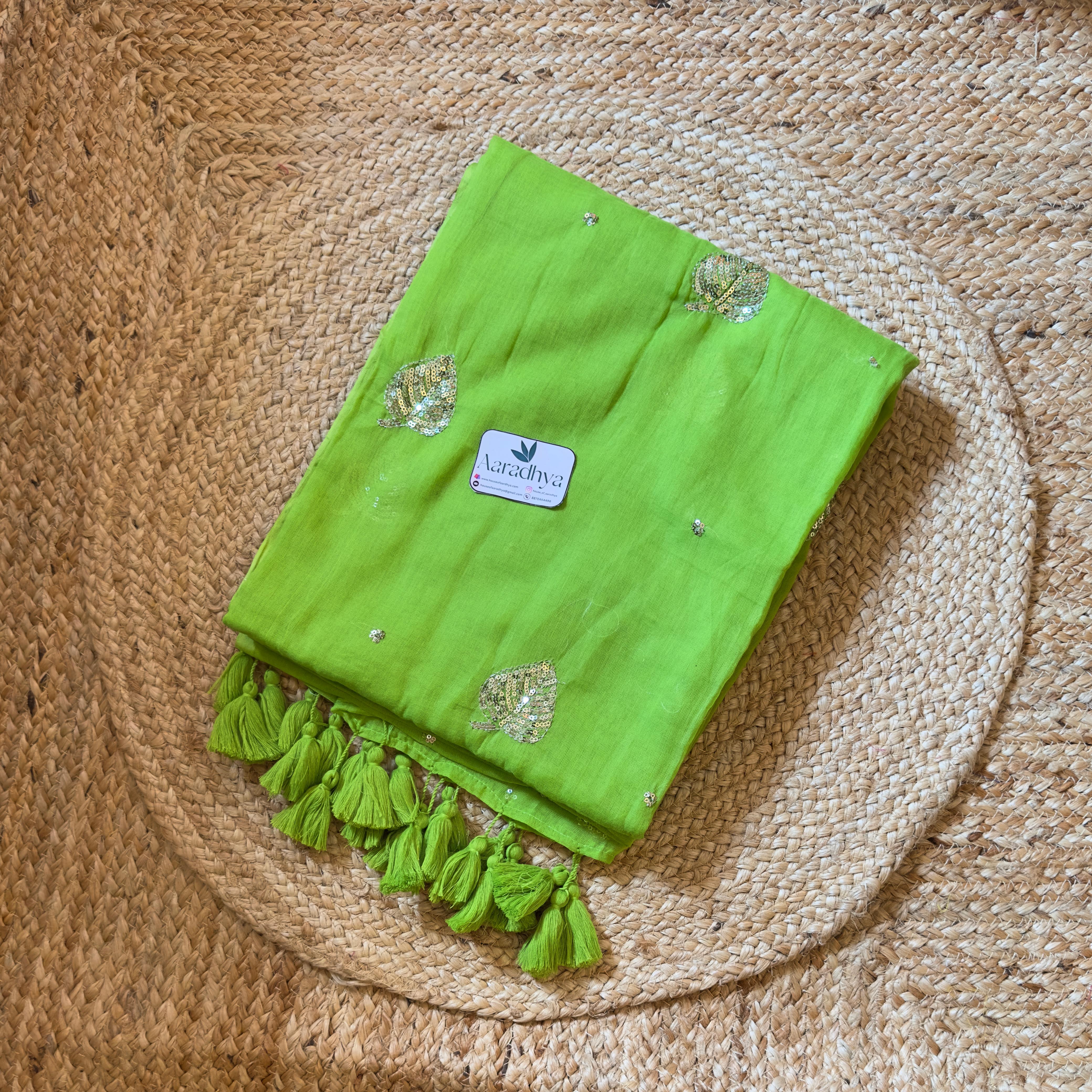Party Wear Leaf Sequins Work | Parrot Green Mul Cotton Saree