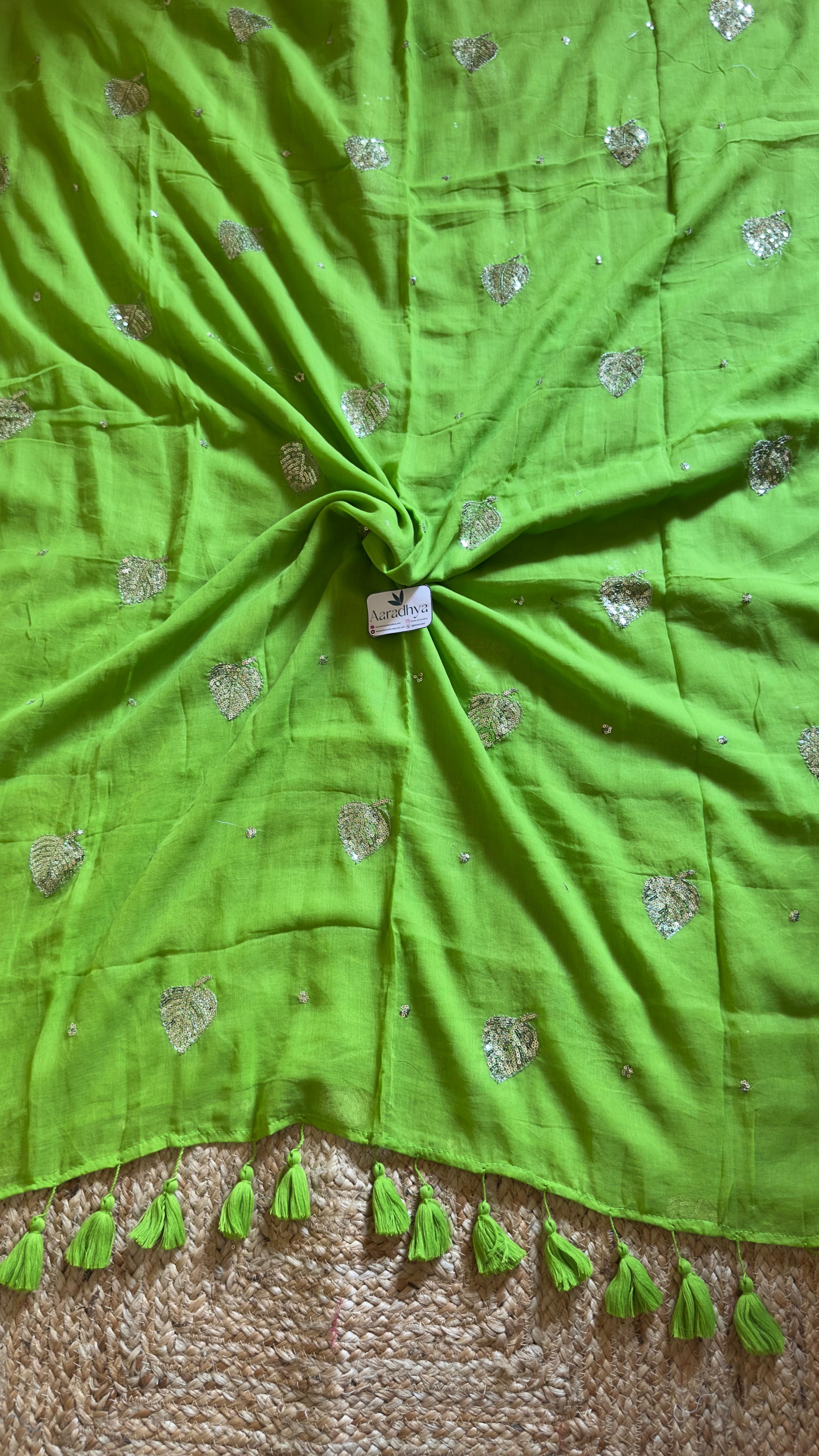 Party Wear Leaf Sequins Work | Parrot Green Mul Cotton Saree