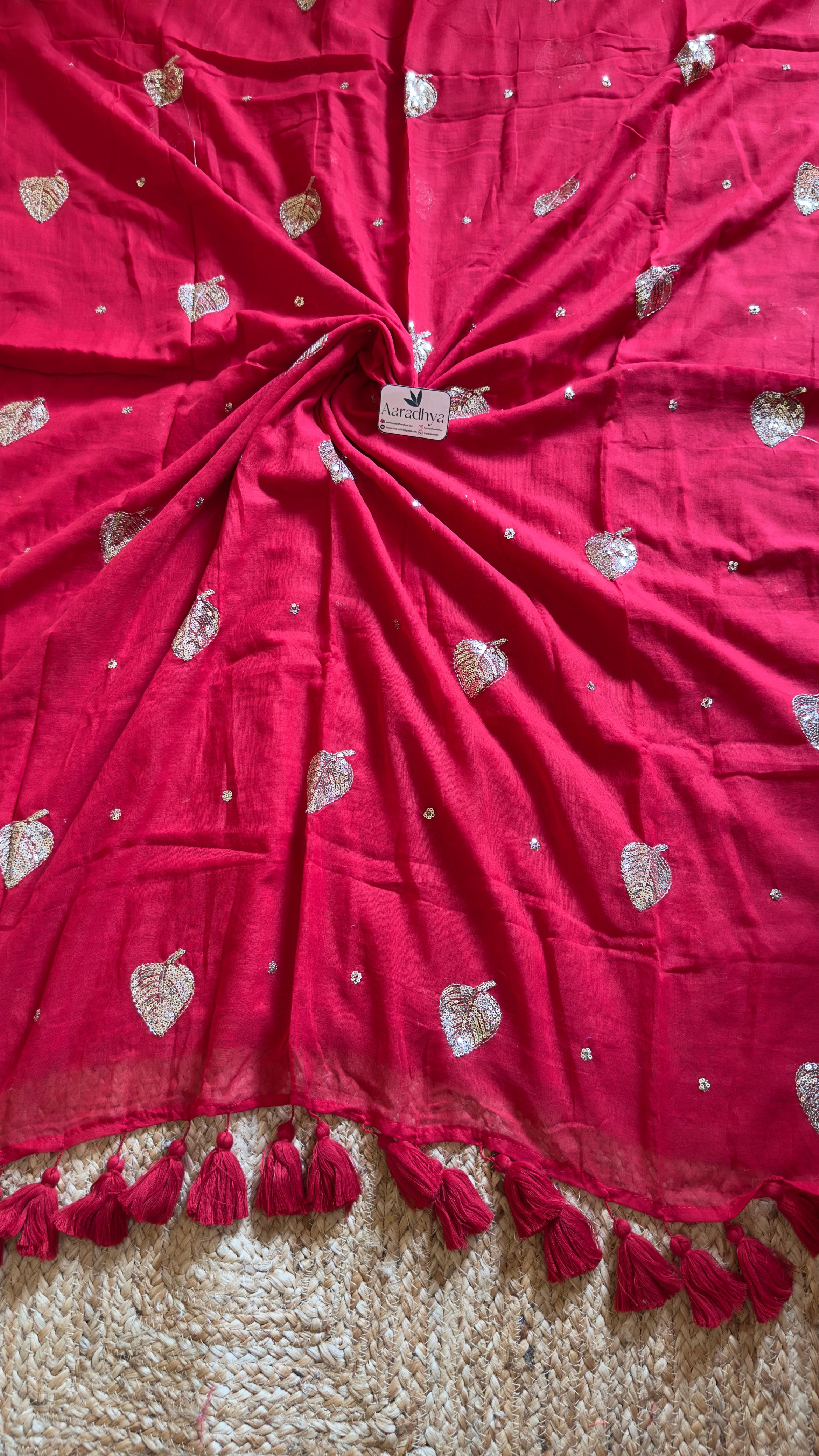 Party Wear Leaf Sequins Work | Red Mul Cotton Saree