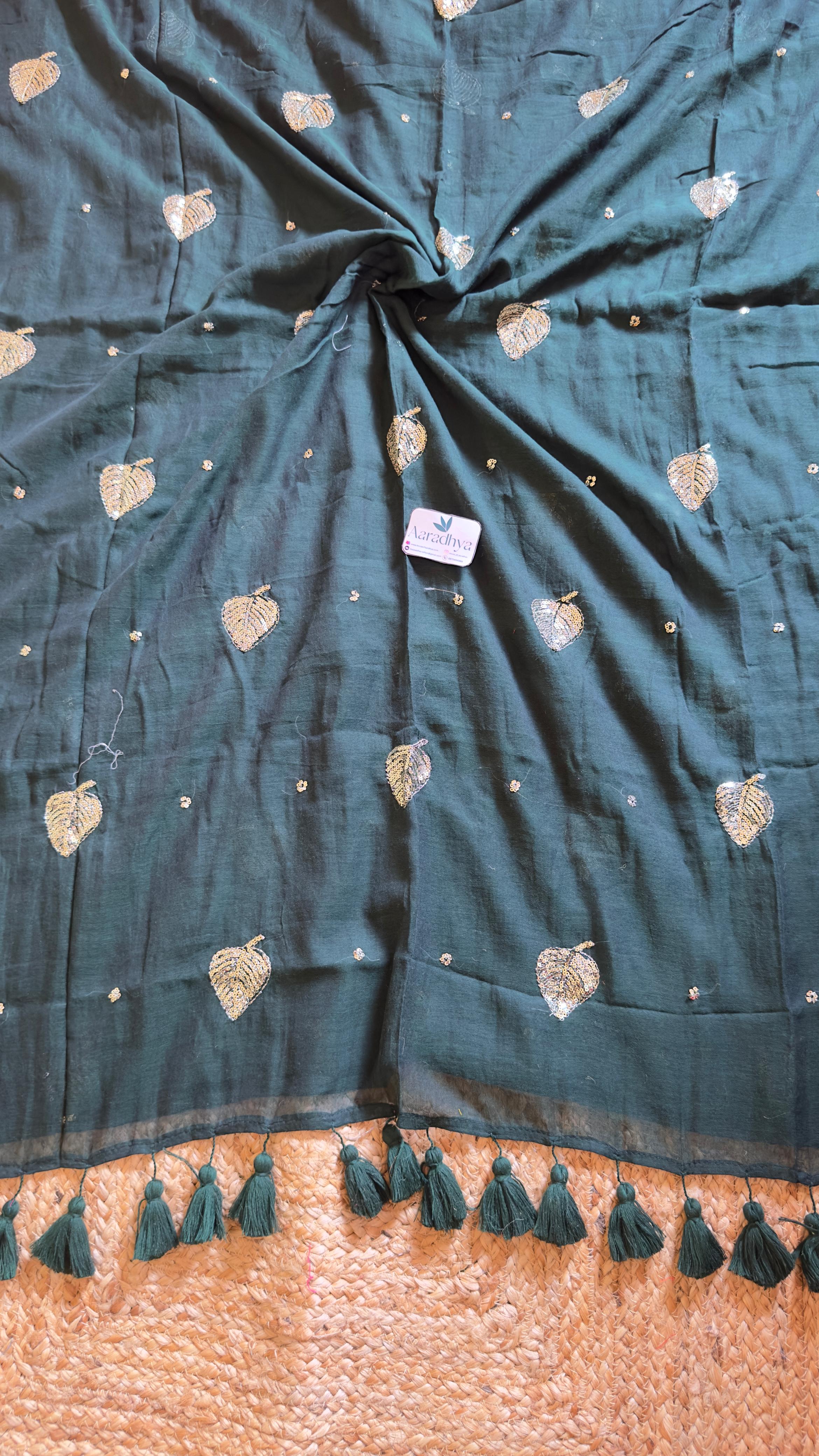 Party Wear Leaf Sequins Work | Bottle Green Mul Cotton Saree