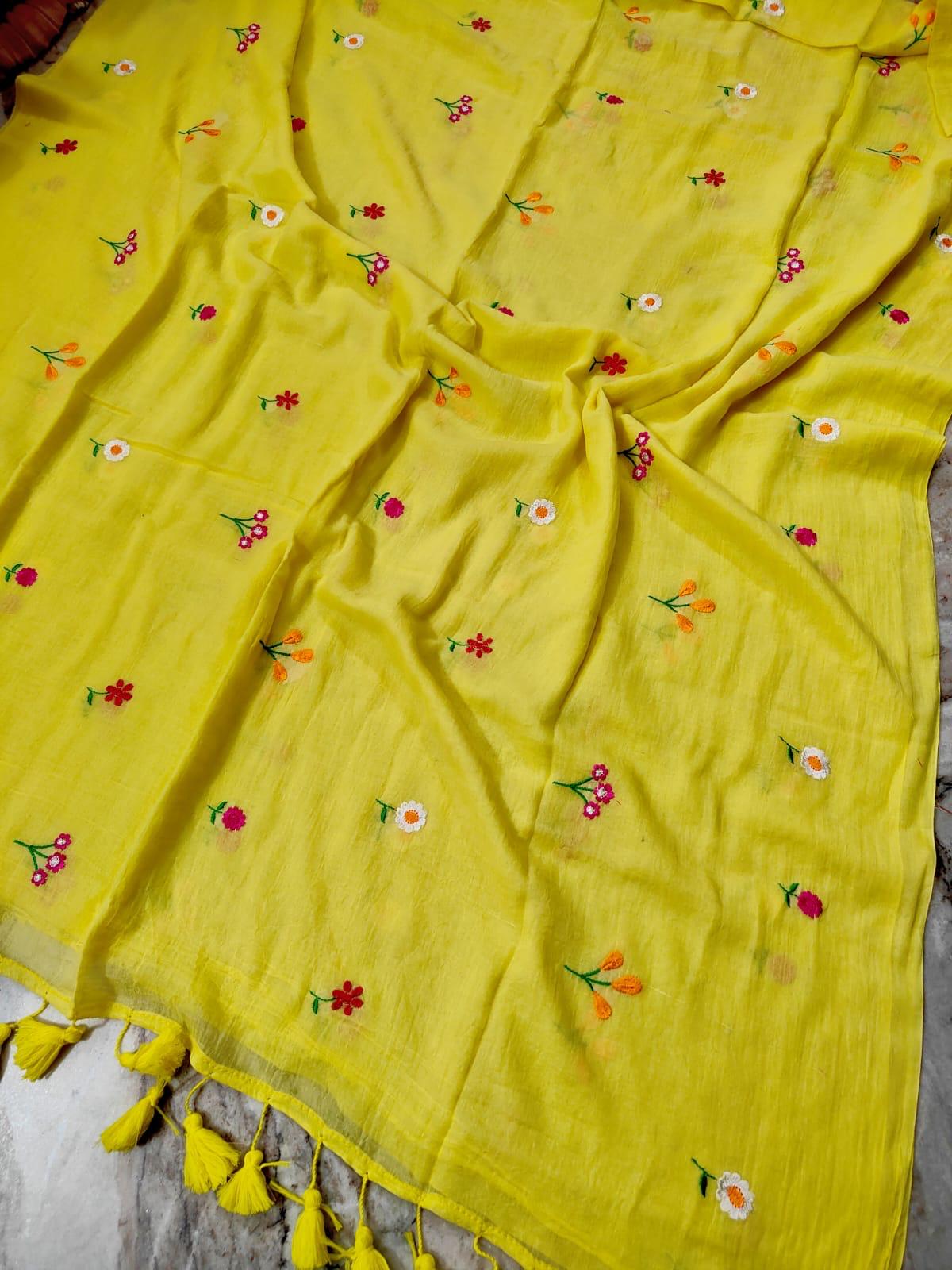 Chuimui Embroidery | Yellow Mul Cotton Saree
