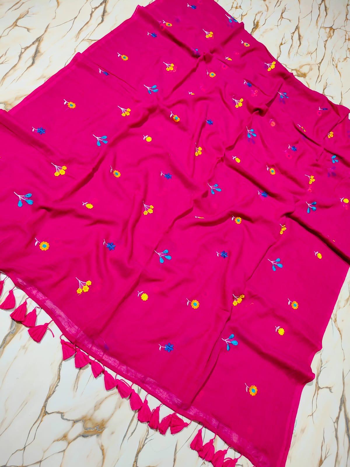 Chuimui Embroidery | Pink Mul Cotton Saree