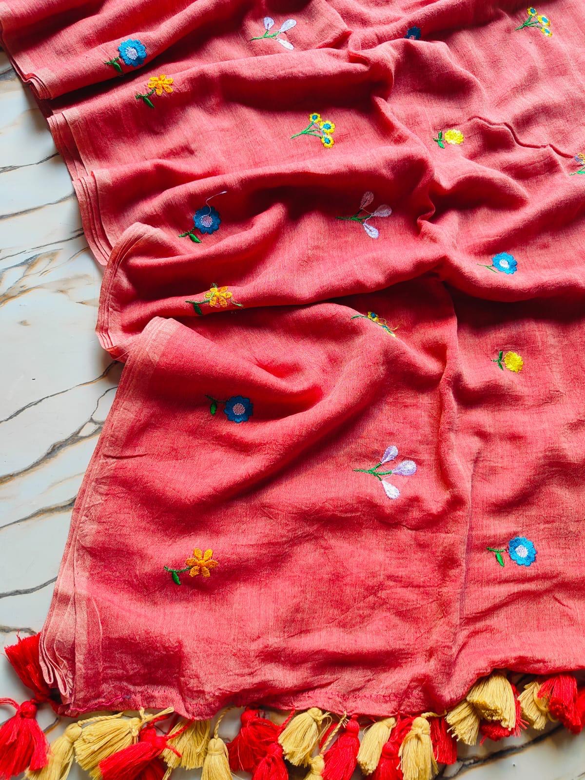 Chuimui Embroidery | Peachy Pink Mul Cotton Saree