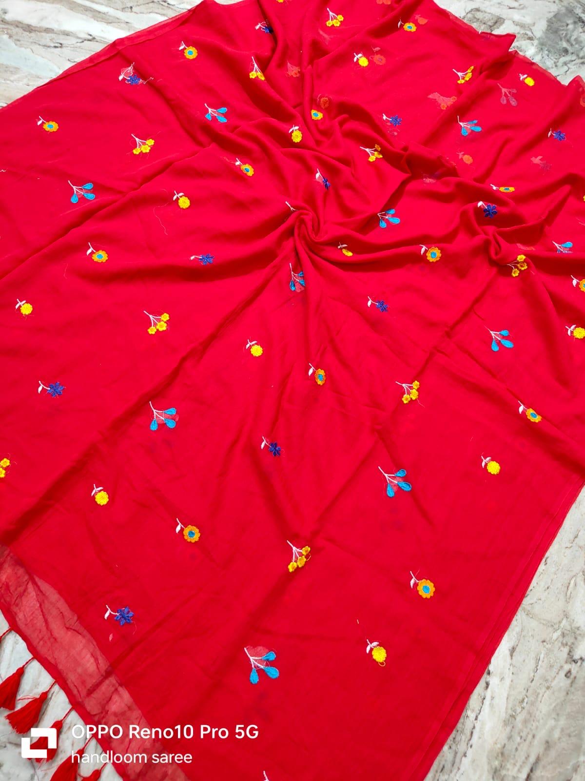 Chuimui Embroidery | Red Mul Cotton Saree