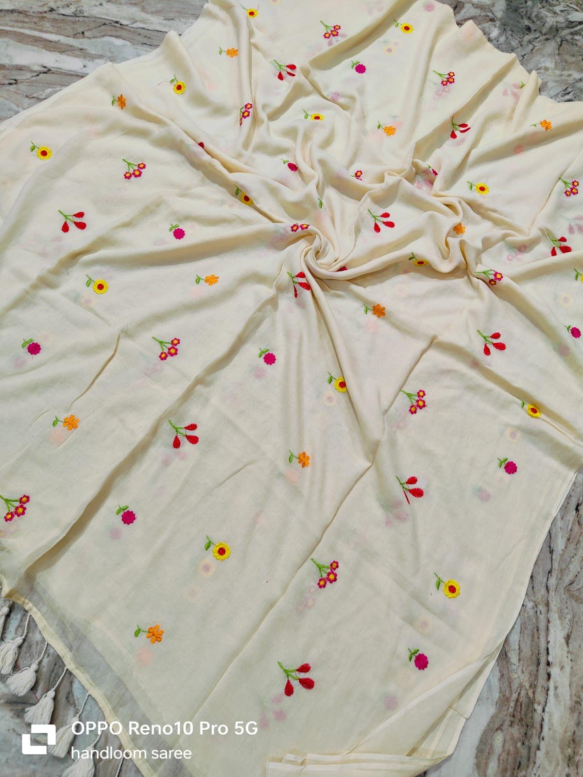 Chuimui Embroidery | Off White Mul Cotton Saree