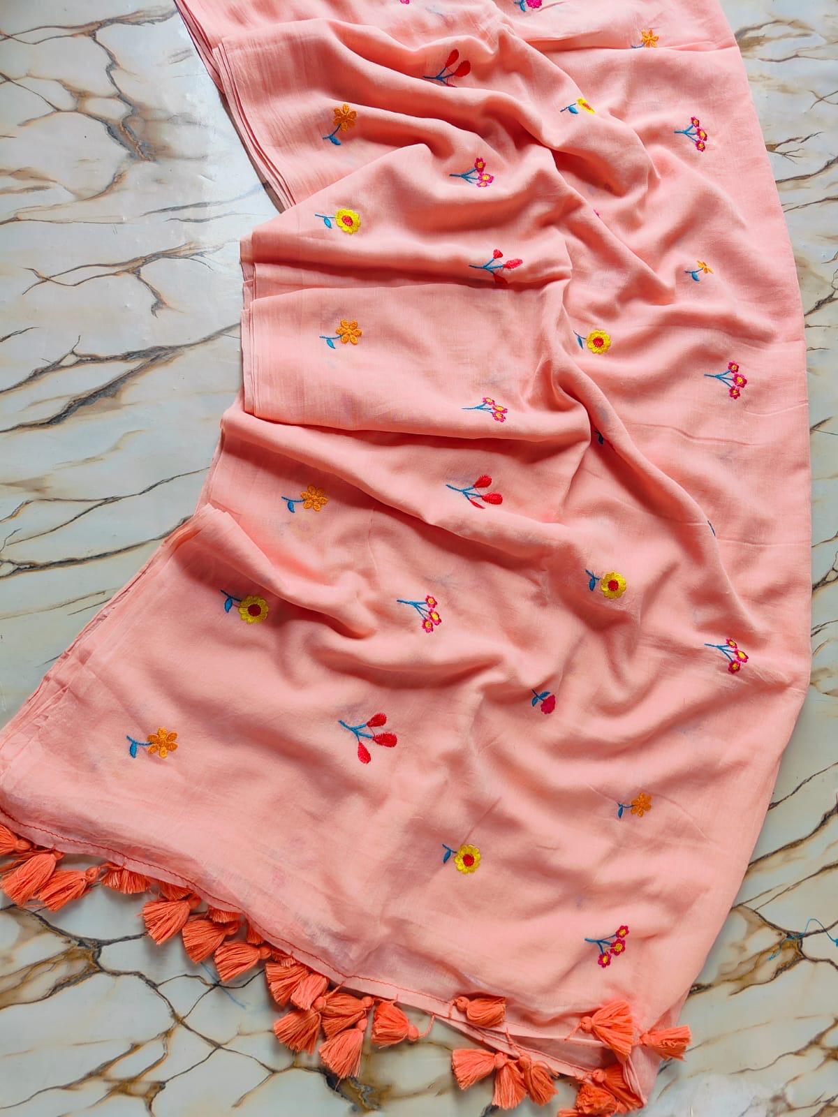 Chuimui Embroidery | Peach Mul Cotton Saree