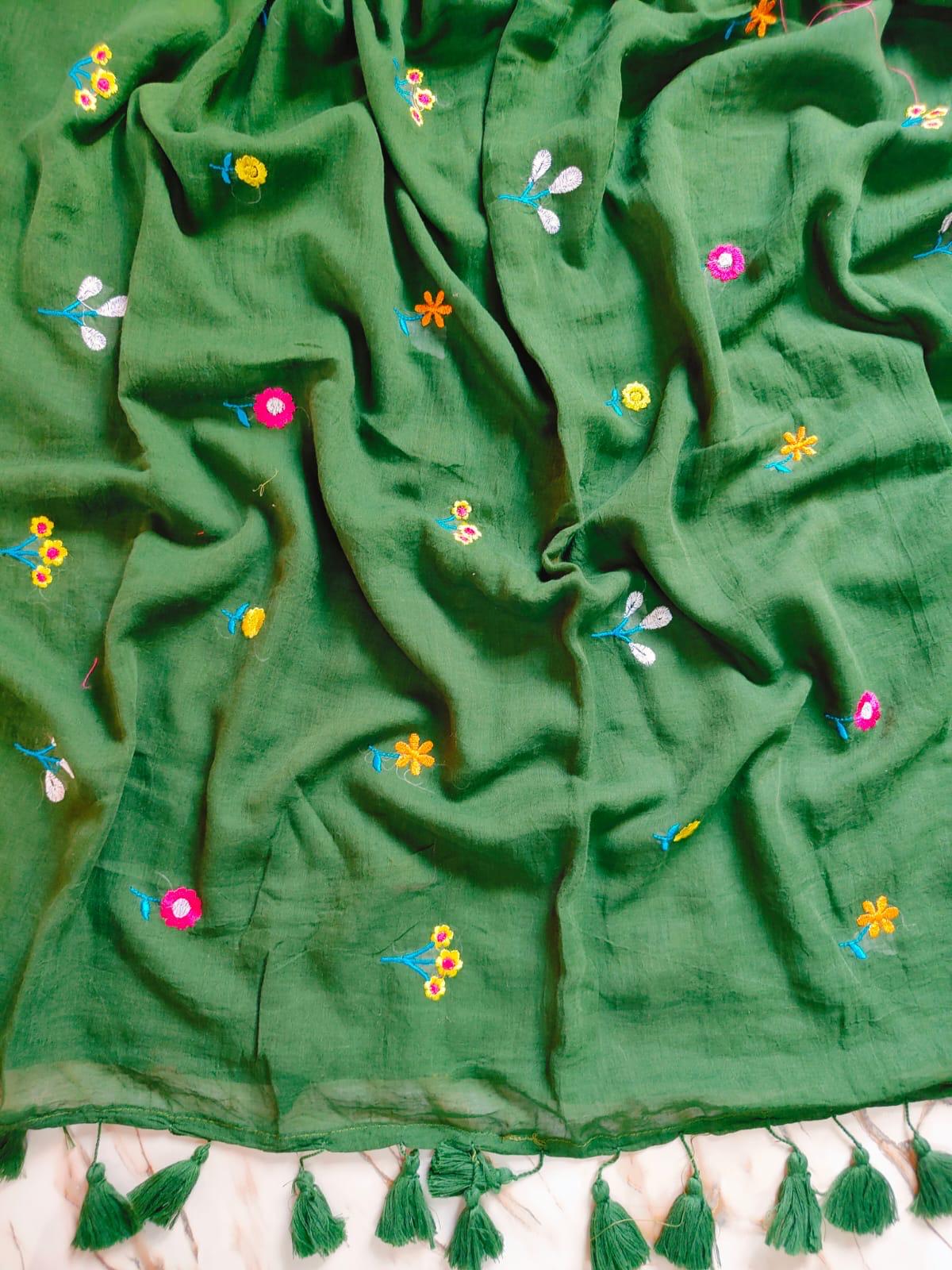 Chuimui Embroidery | Olive Green Cotton Saree