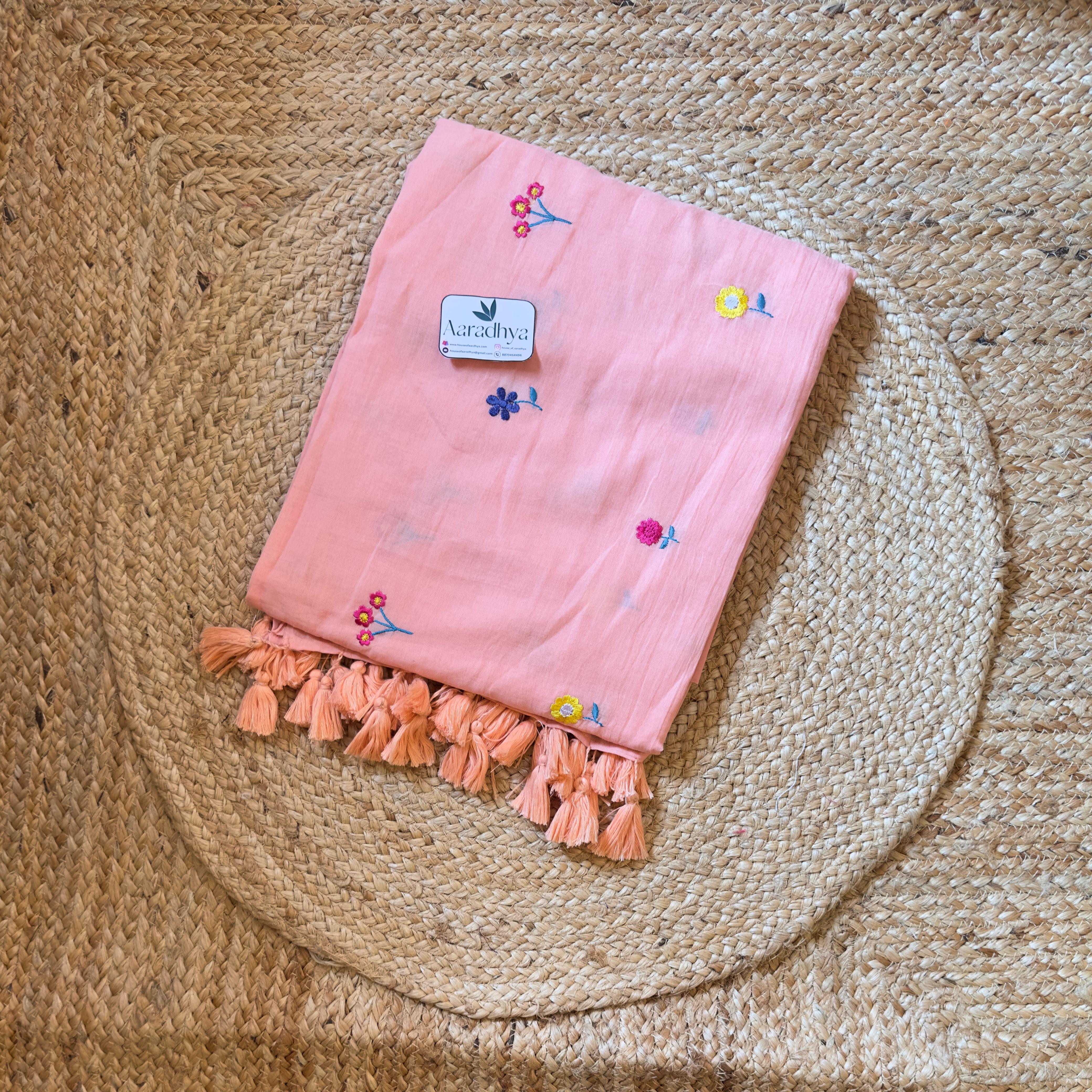 Chuimui Embroidery | Peach Mul Cotton Saree