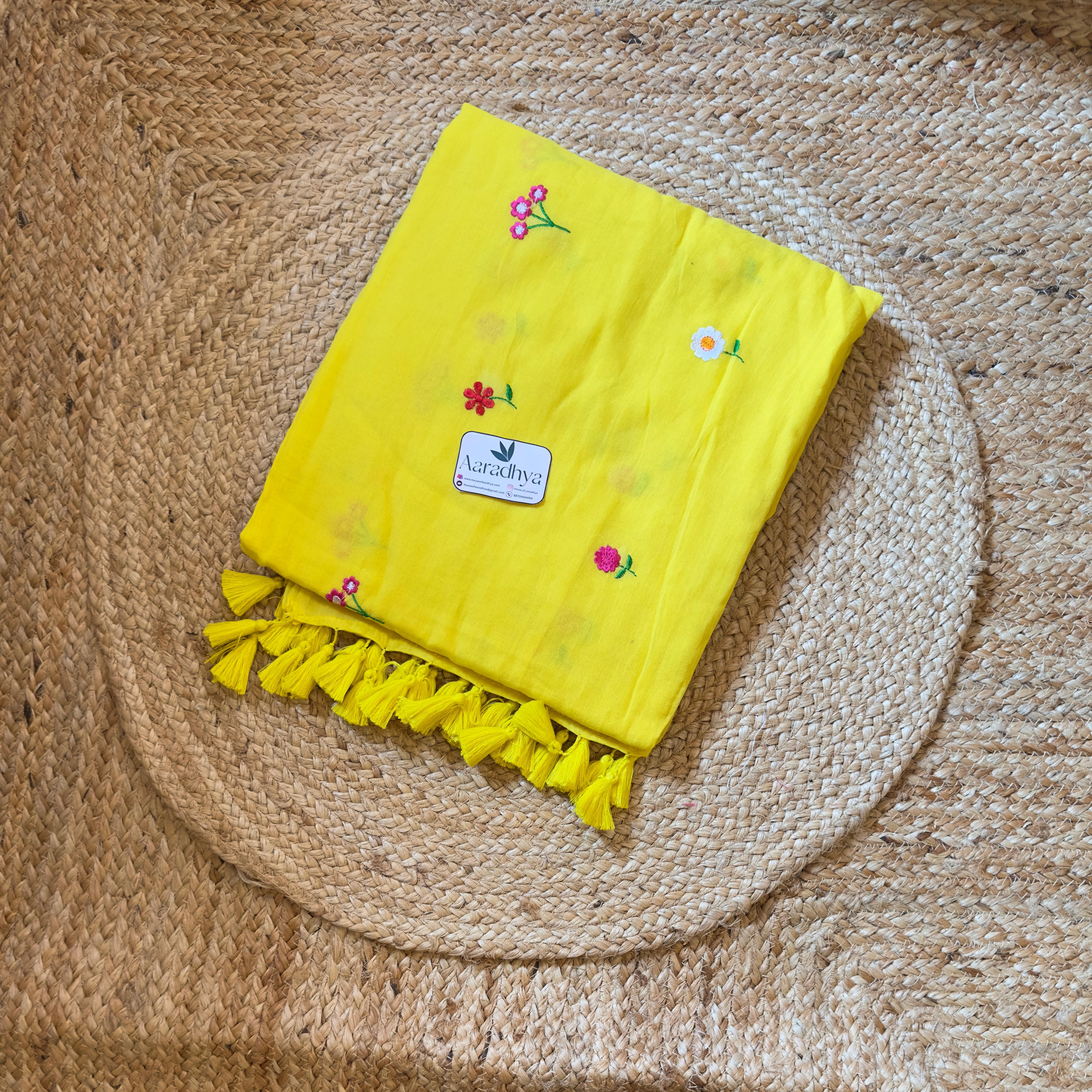 Chuimui Embroidery | Yellow Mul Cotton Saree
