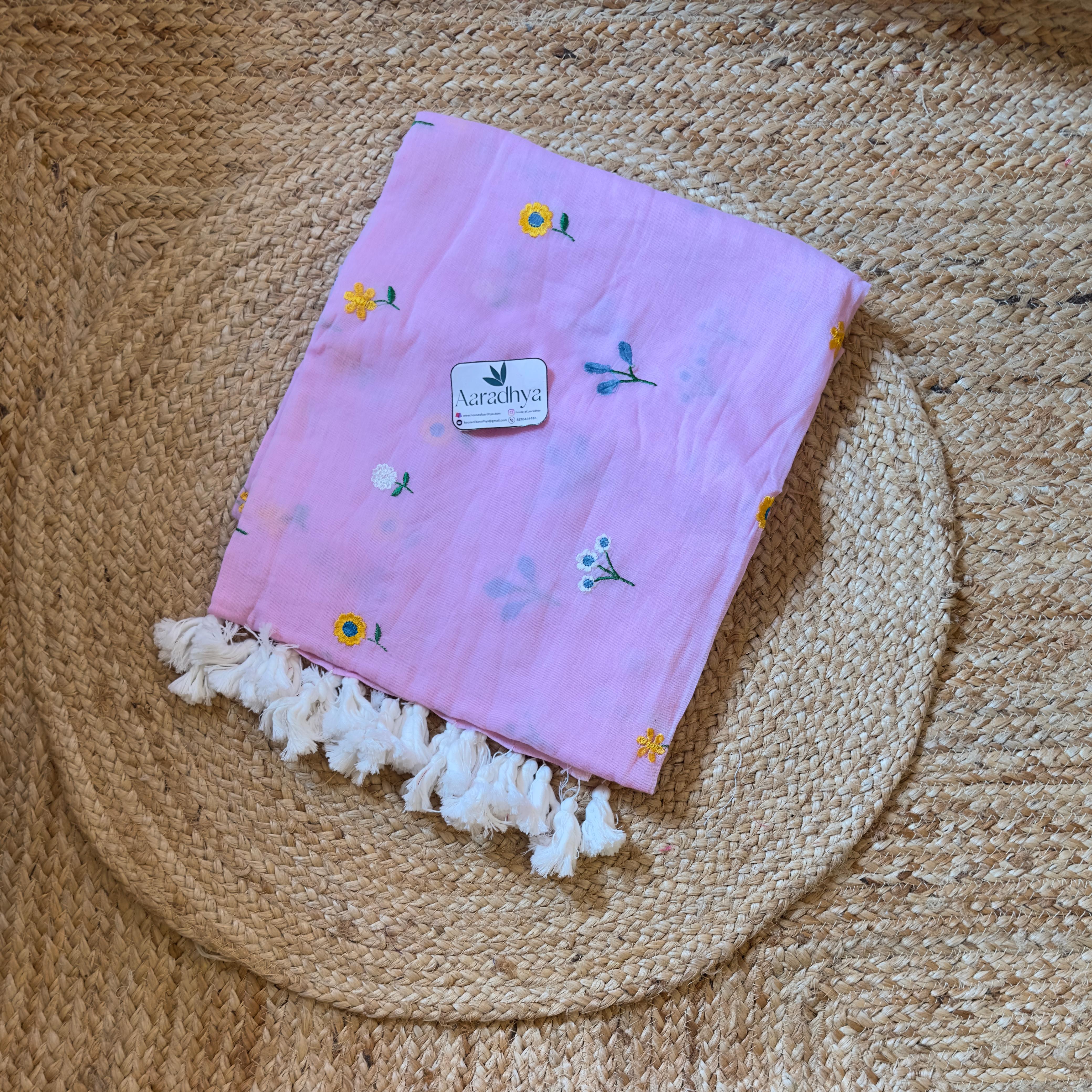 Chuimui Embroidery | Baby Pink Mul Cotton Saree