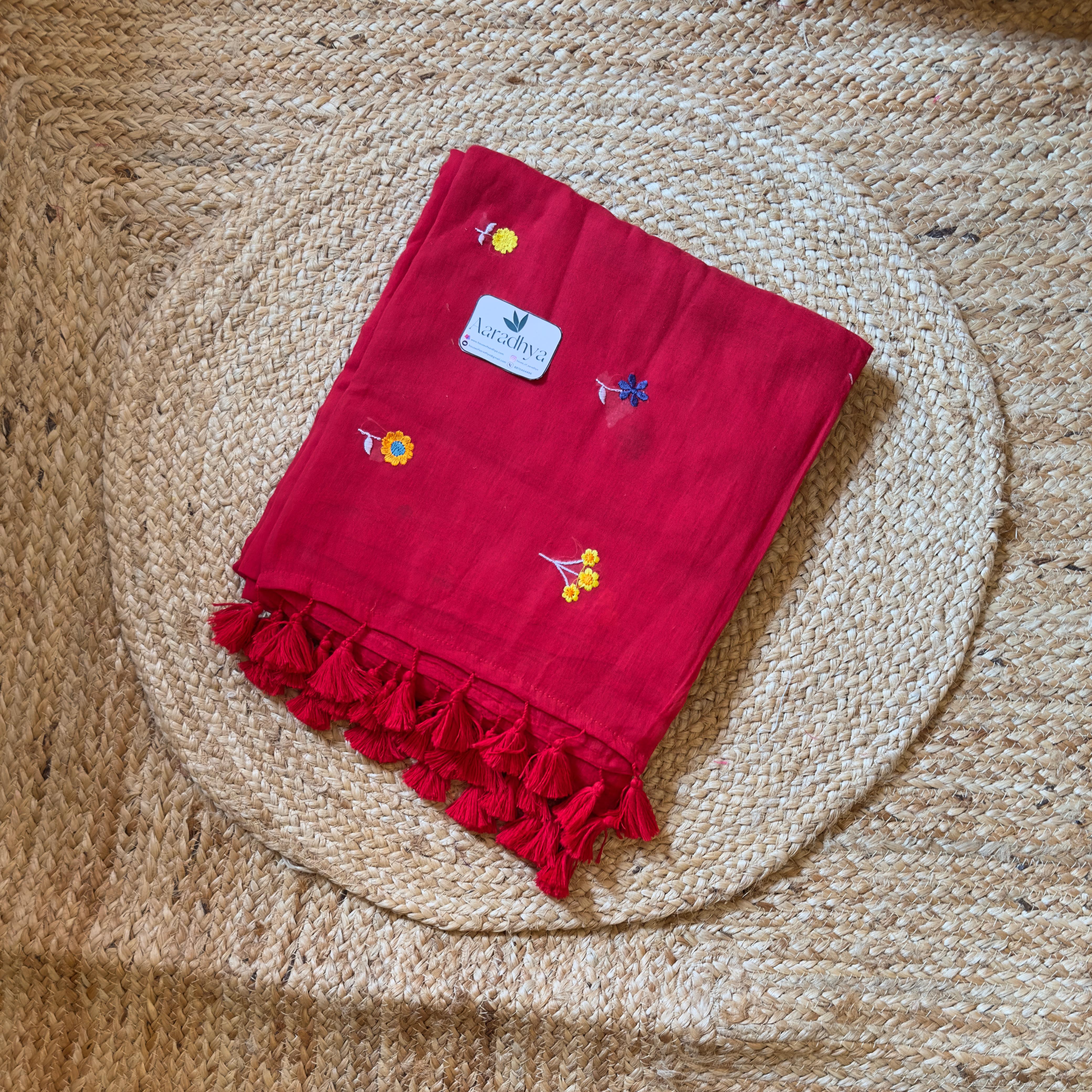 Chuimui Embroidery | Red Mul Cotton Saree