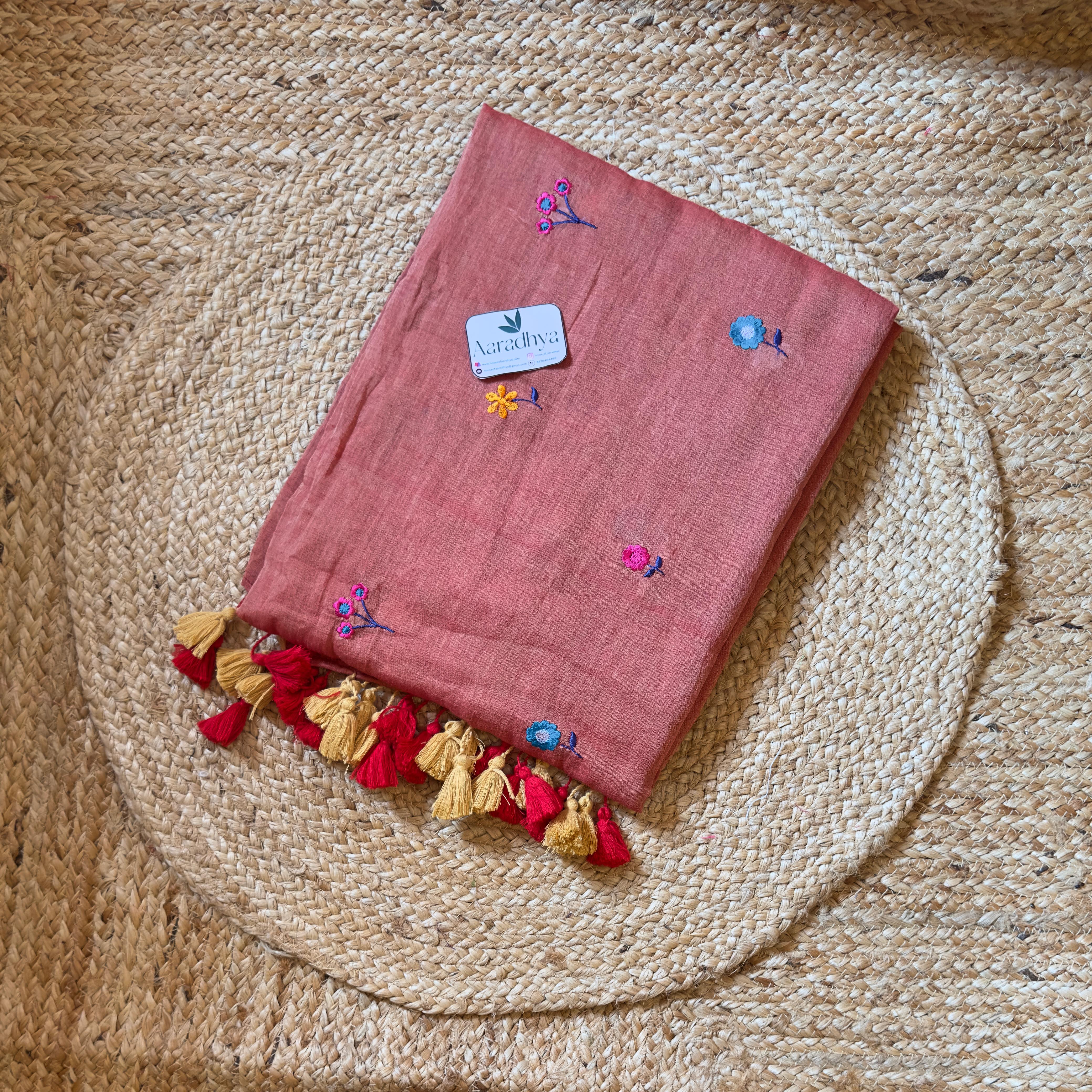 Chuimui Embroidery | Peachy Pink Mul Cotton Saree