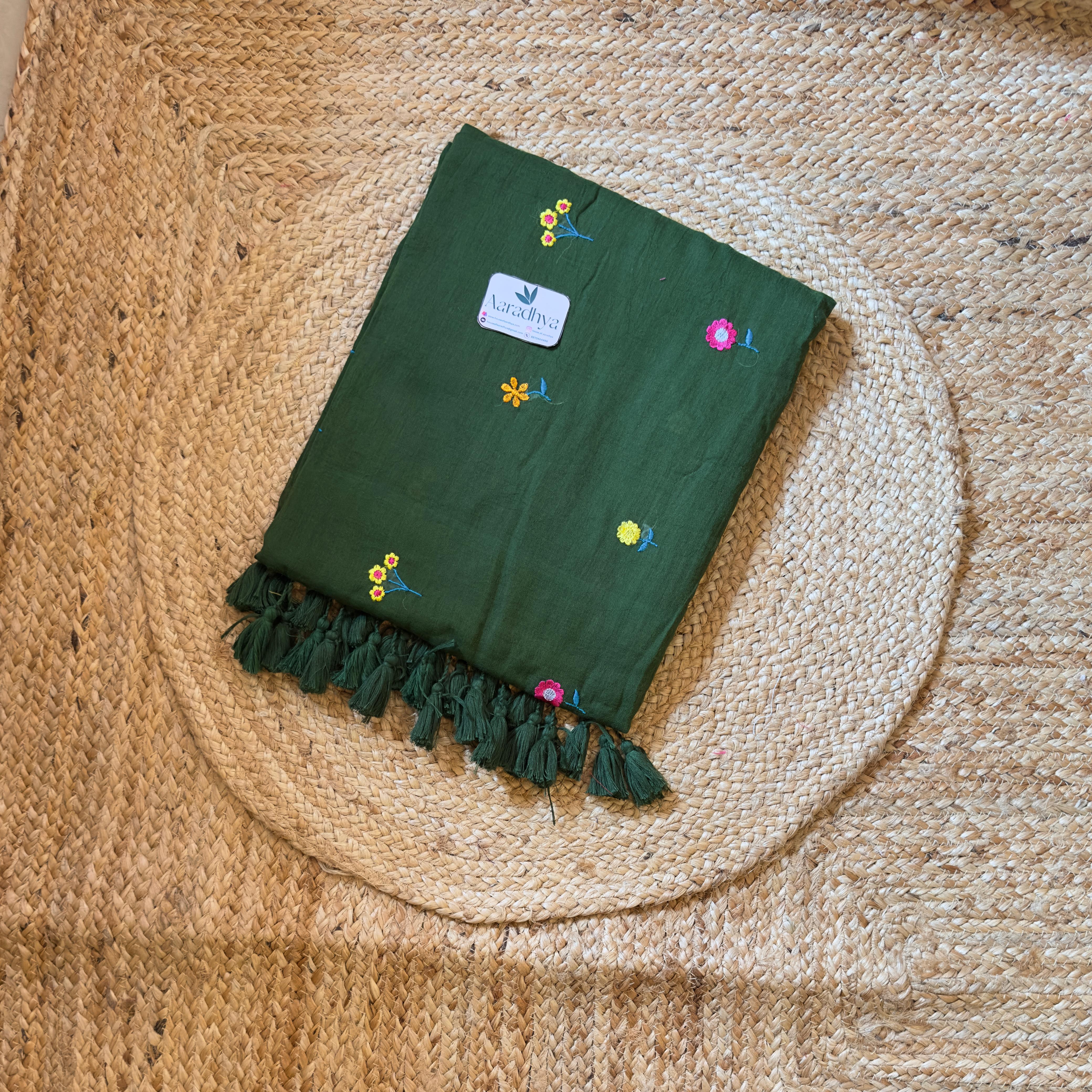 Chuimui Embroidery | Olive Green Cotton Saree