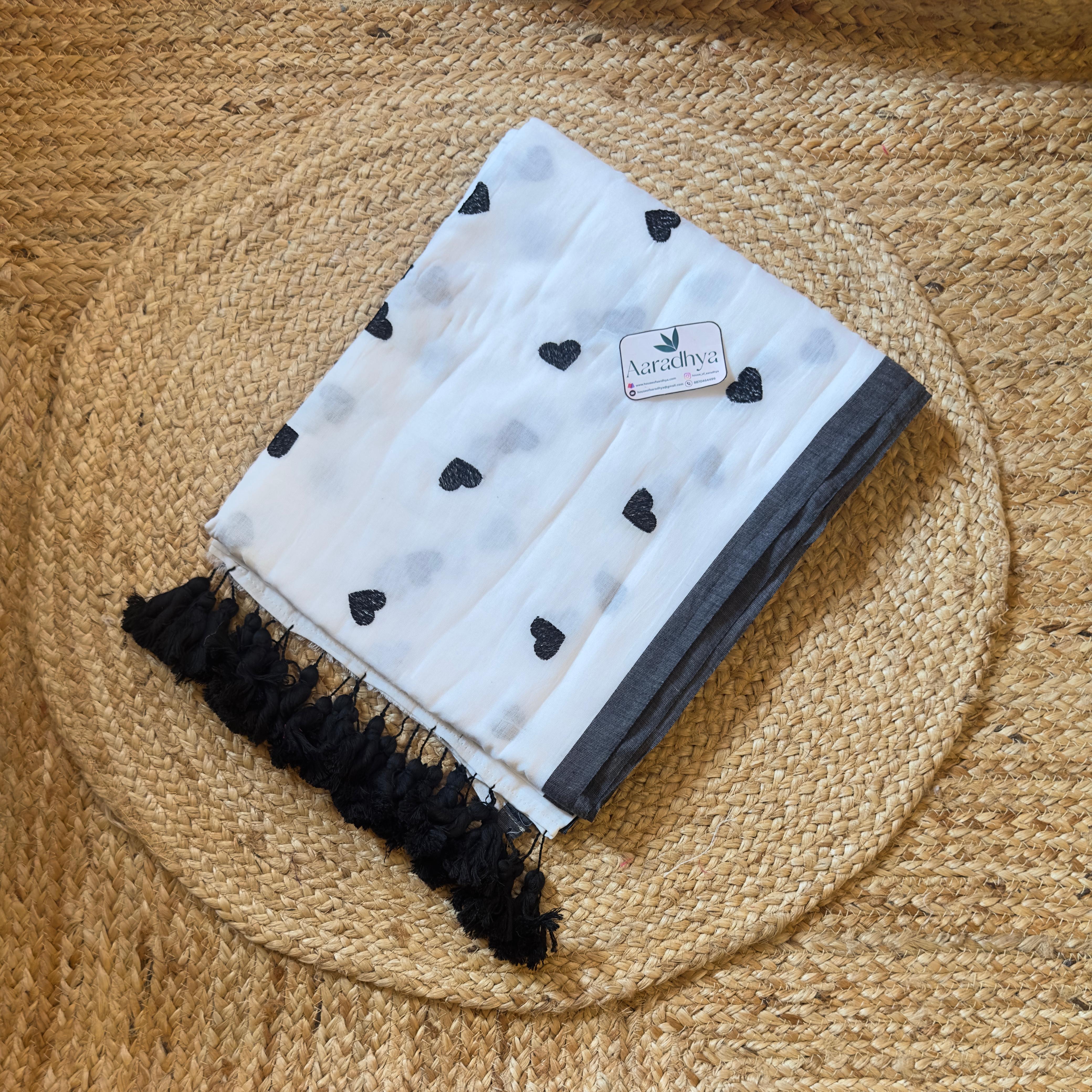 Heart Embroidery | White Mul Cotton Saree