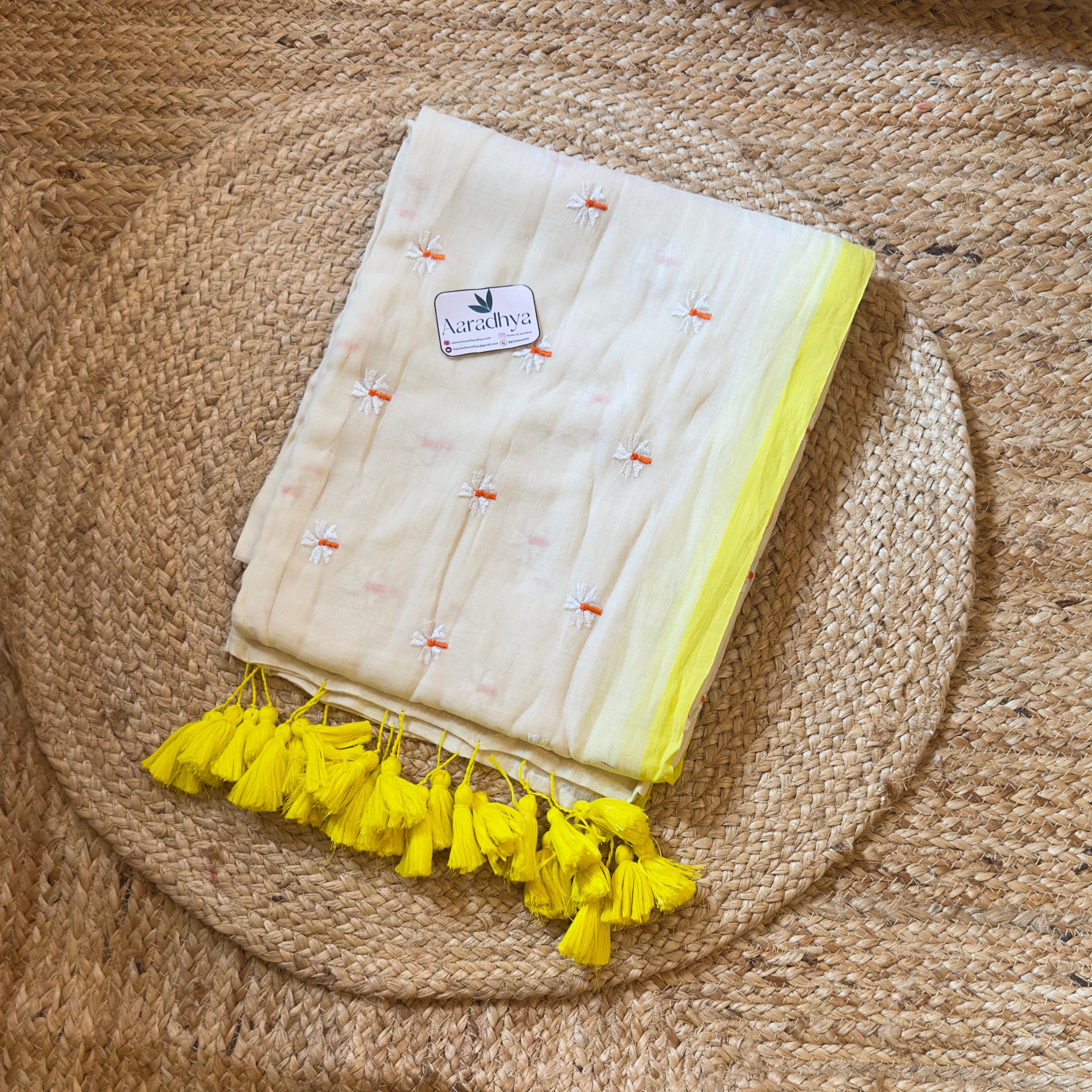 Prajakta Embroidery | off white Neon Border Mul Cotton Saree