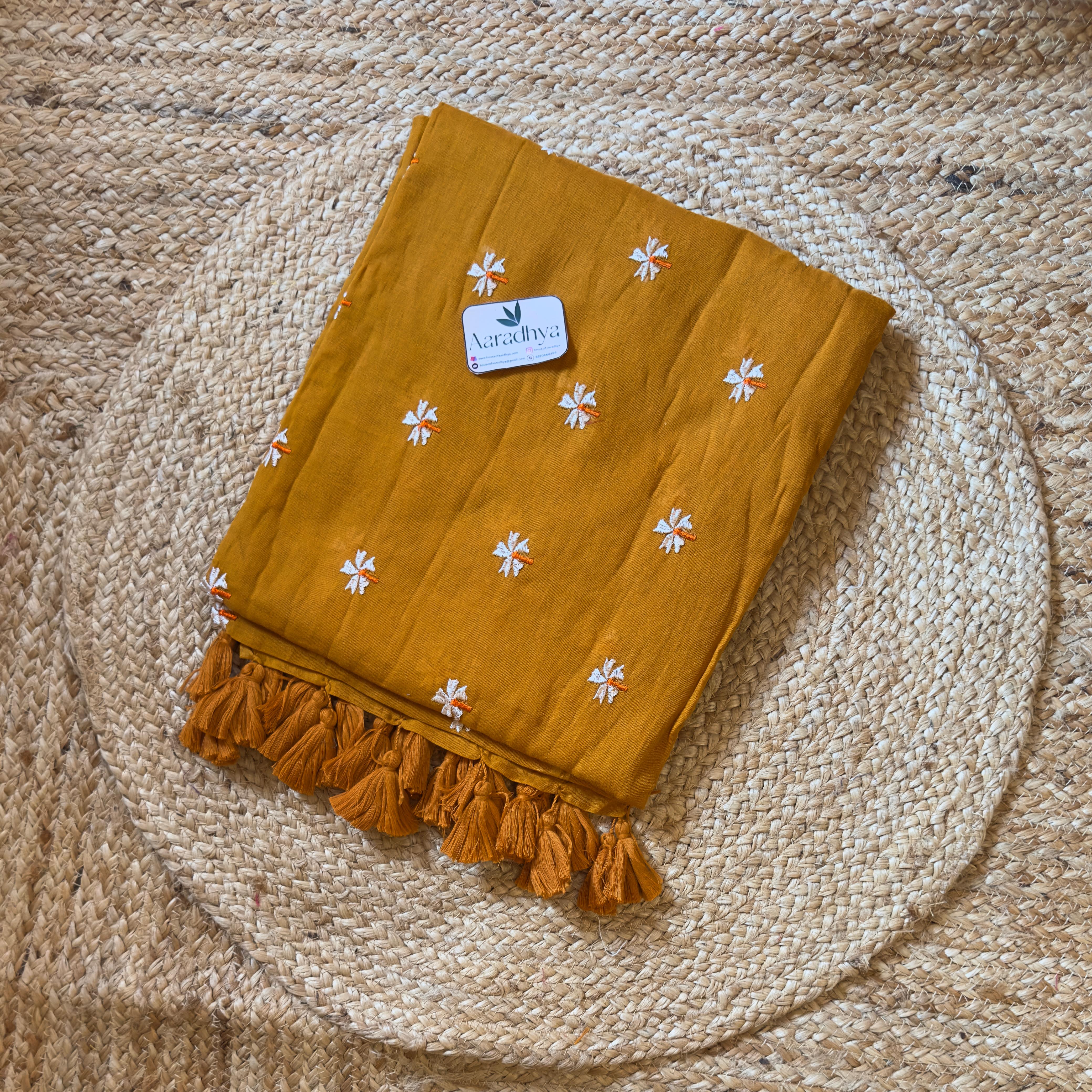 Prajakta Embroidery | Mustard Yellow Mul Cotton Saree