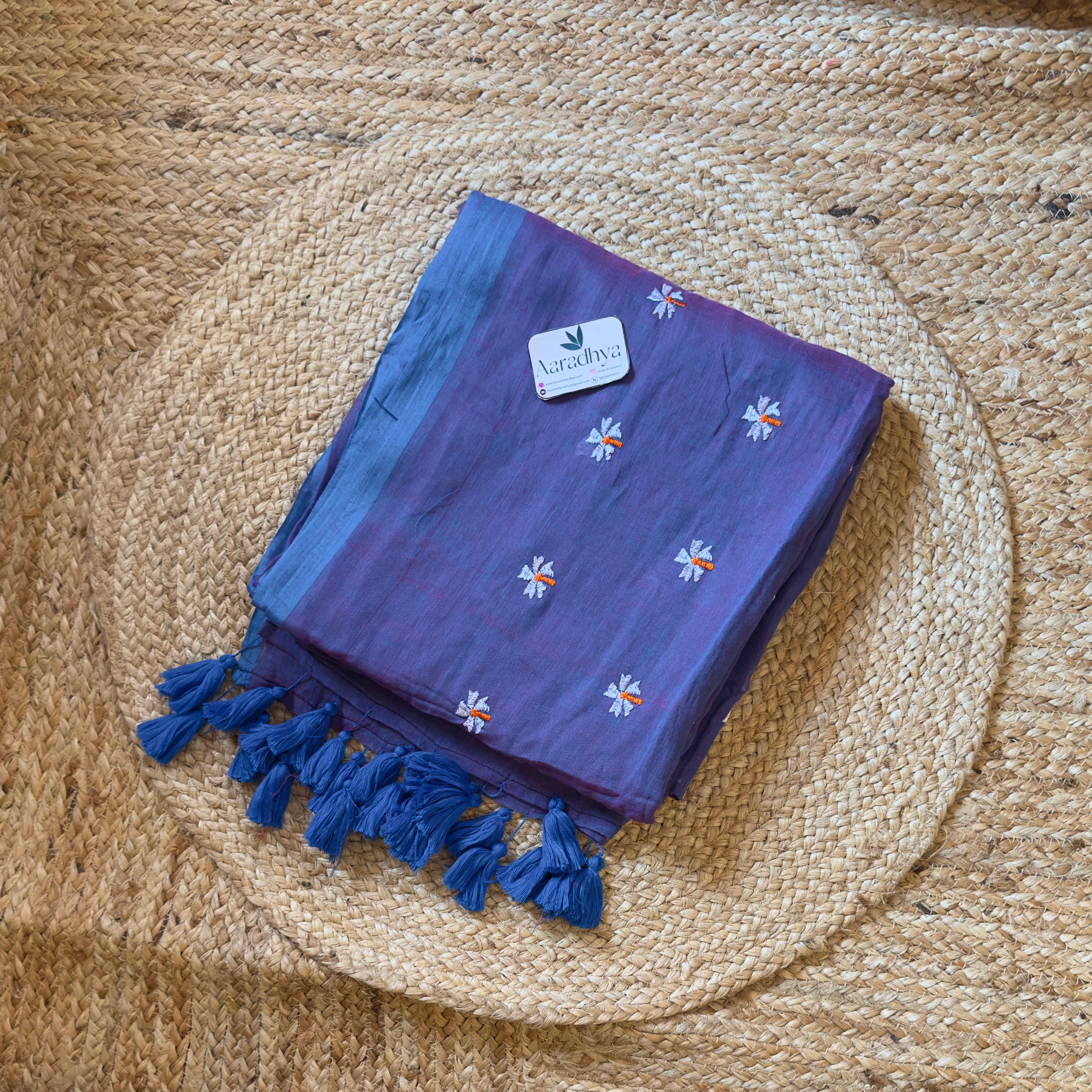 Prajakta Embroidery | Peacock Blue Mul Cotton Saree