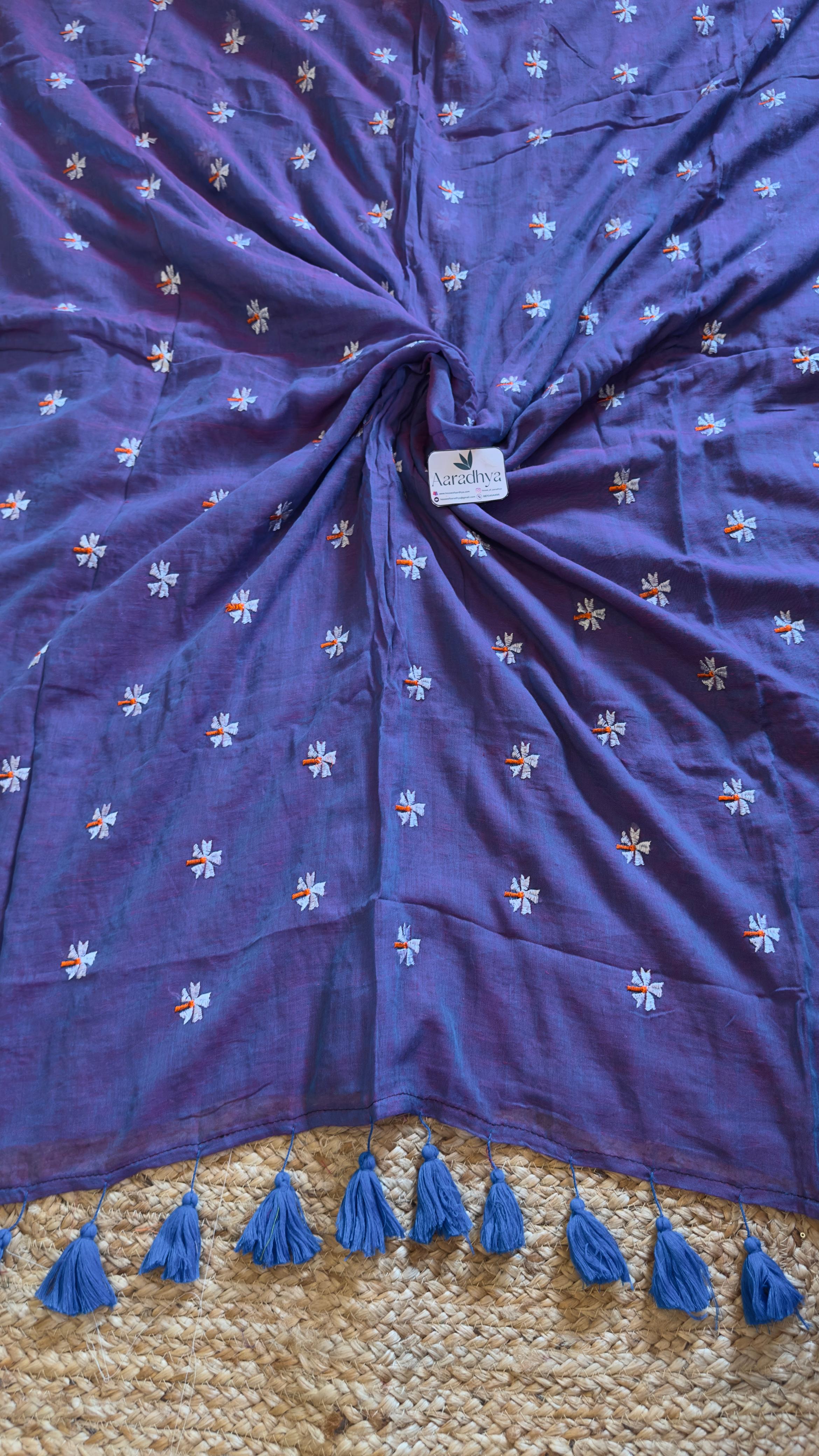 Prajakta Embroidery | Peacock Blue Mul Cotton Saree