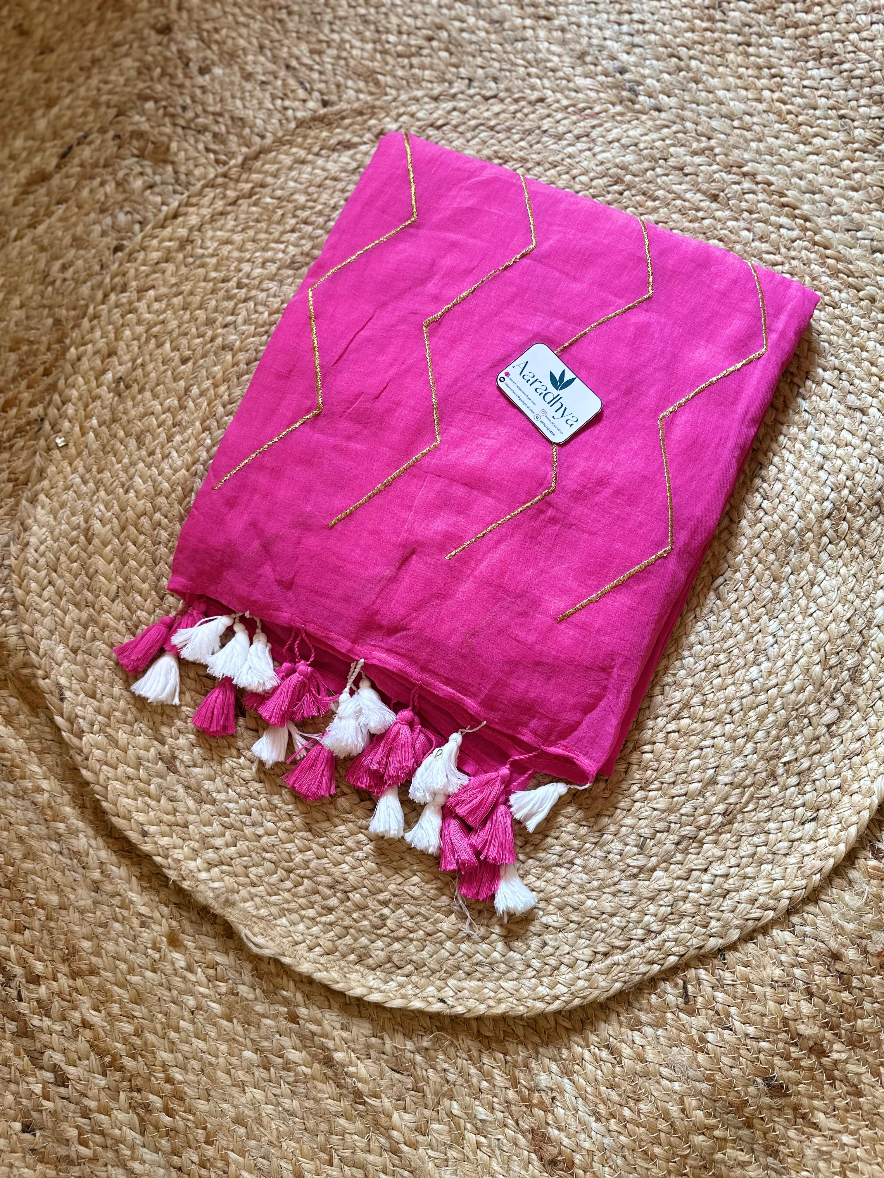 ZigZag Embroidery |Pink Mul Cotton Saree
