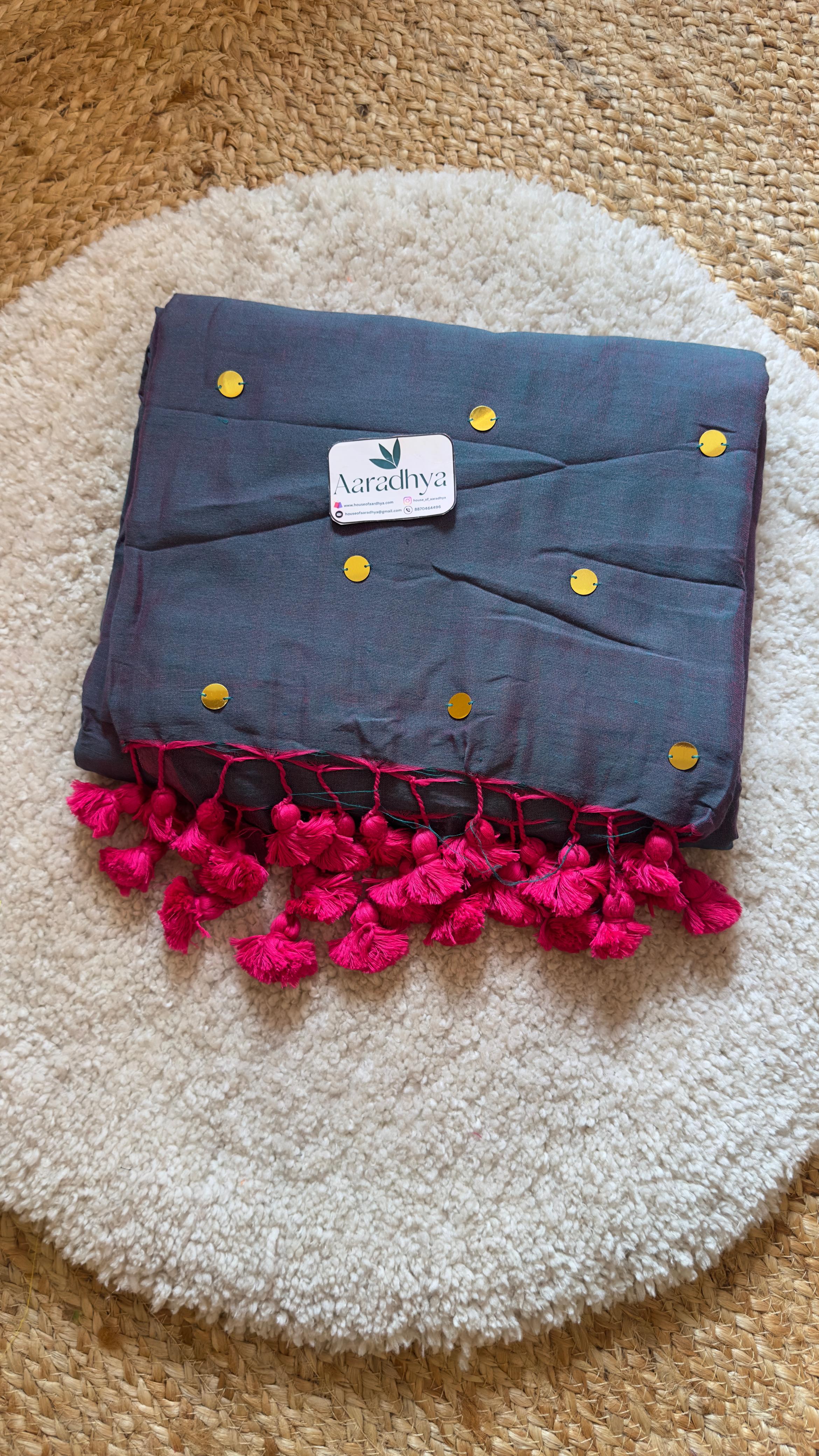GINI Work | Dual Tone Peacock Blue Soft Cotton Saree